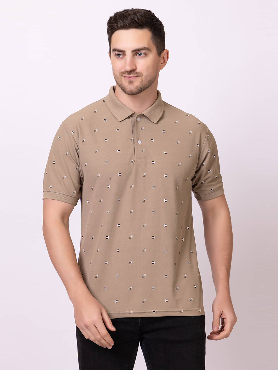 TRULY FAST Pack of 1 Cotton Blend Regular Fit Printed Half Sleeves Men's Polo T Shirt ( Camel ) TRULY FAST Pack of 1 Cotton Blend Regular Fit Printed Half Sleeves Men's Polo T Shirt ( Camel )