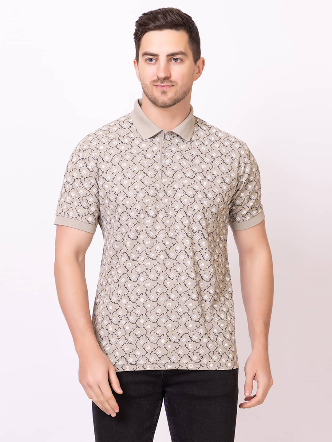 TRULY FAST Pack of 1 Cotton Blend Regular Fit Printed Half Sleeves Men's Polo T Shirt ( Beige ) TRULY FAST Pack of 1 Cotton Blend Regular Fit Printed Half Sleeves Men's Polo T Shirt ( Beige )