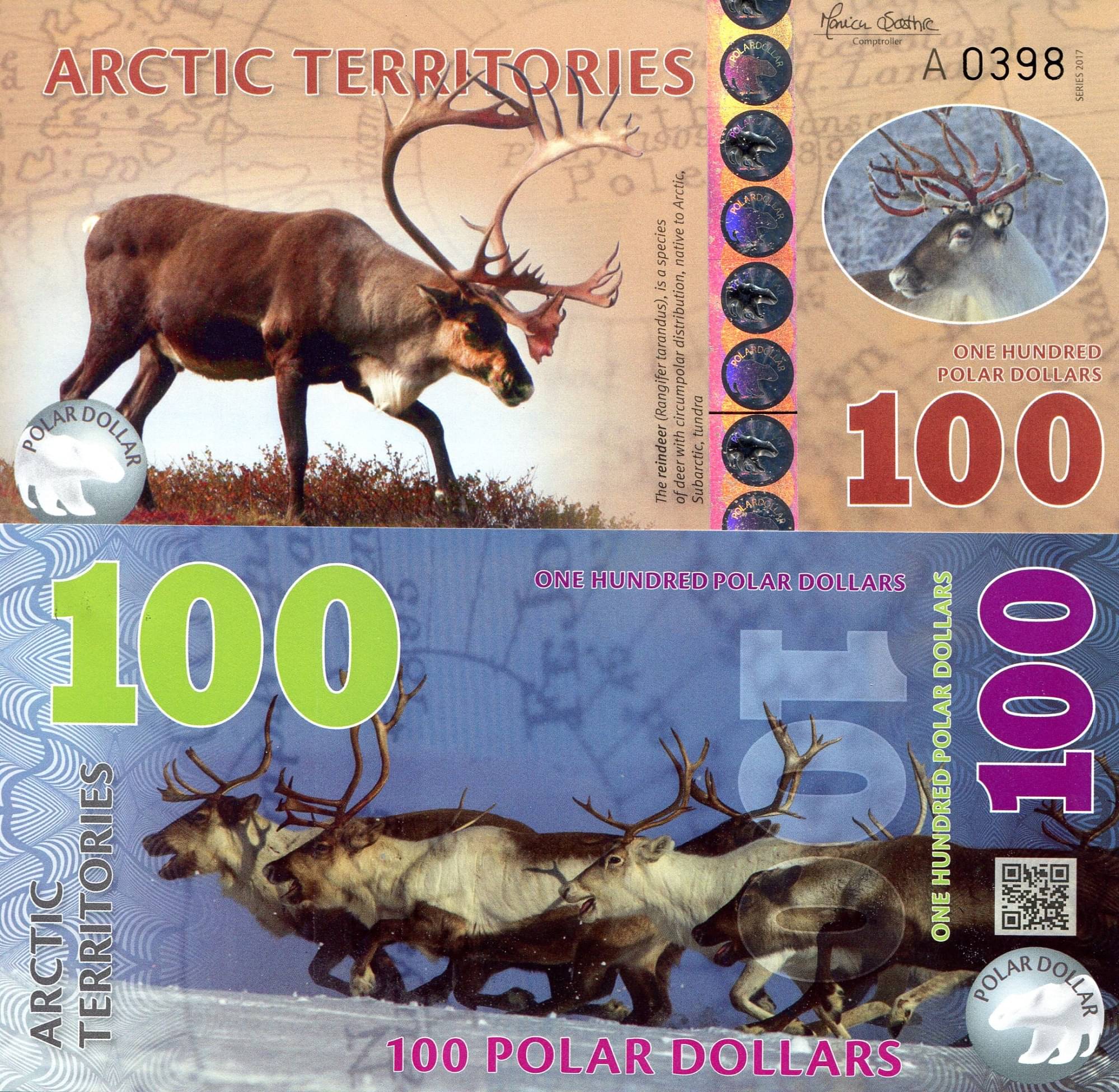     			Extremely Rare Arctic Territories 100 Polar Dollars Polymer Fantasy Note Top Grade Gem UNC