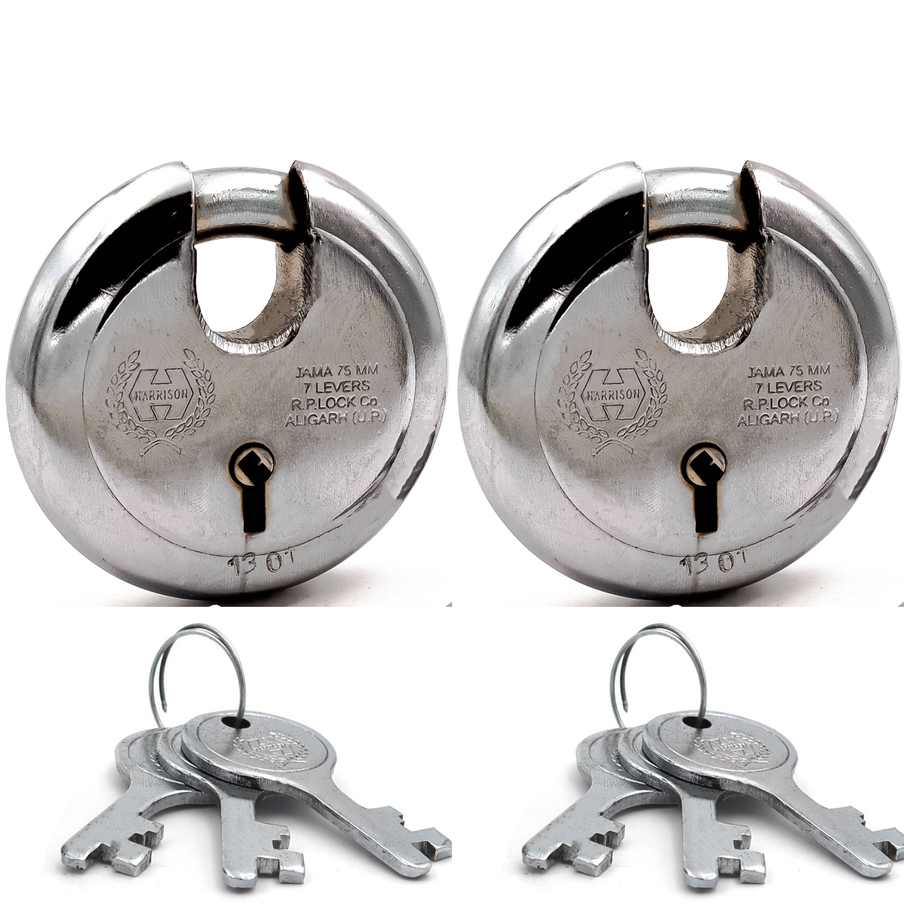     			Harrison Padlocks / Round Padlock 75mm 6 Lever With 3 Keys JAMA-0251 Pack of 2/ Mild Steel Material/ Bright Chrome Plated Finish/door lock, shutter lock, godown lock, gate lock