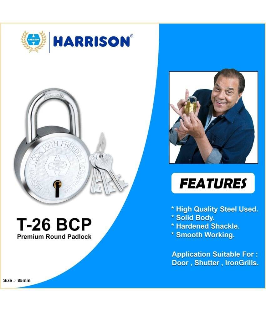 Harrison Padlocks / Round Padlock 85mm 9 Lever With 3 Keys T-26-0280 Pack of 1/ Mild Steel Material/ Bright Chrome Polished Finish/door lock, shutter lock, godown lock, gate lock Harrison Padlocks / Round Padlock 85mm 9 Lever With 3 Keys T-26-0280 Pack of 1/ Mild Steel Material/ Bright Chrome Polished Finish/door lock, shutter lock, godown lock, gate lock