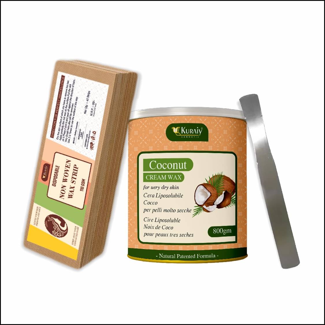 KURAIY Coconut Wax for Hair Removal - 800gm extracts + 40 Wax Strips +1 Steel Knife KURAIY Coconut Wax for Hair Removal - 800gm extracts + 40 Wax Strips +1 Steel Knife