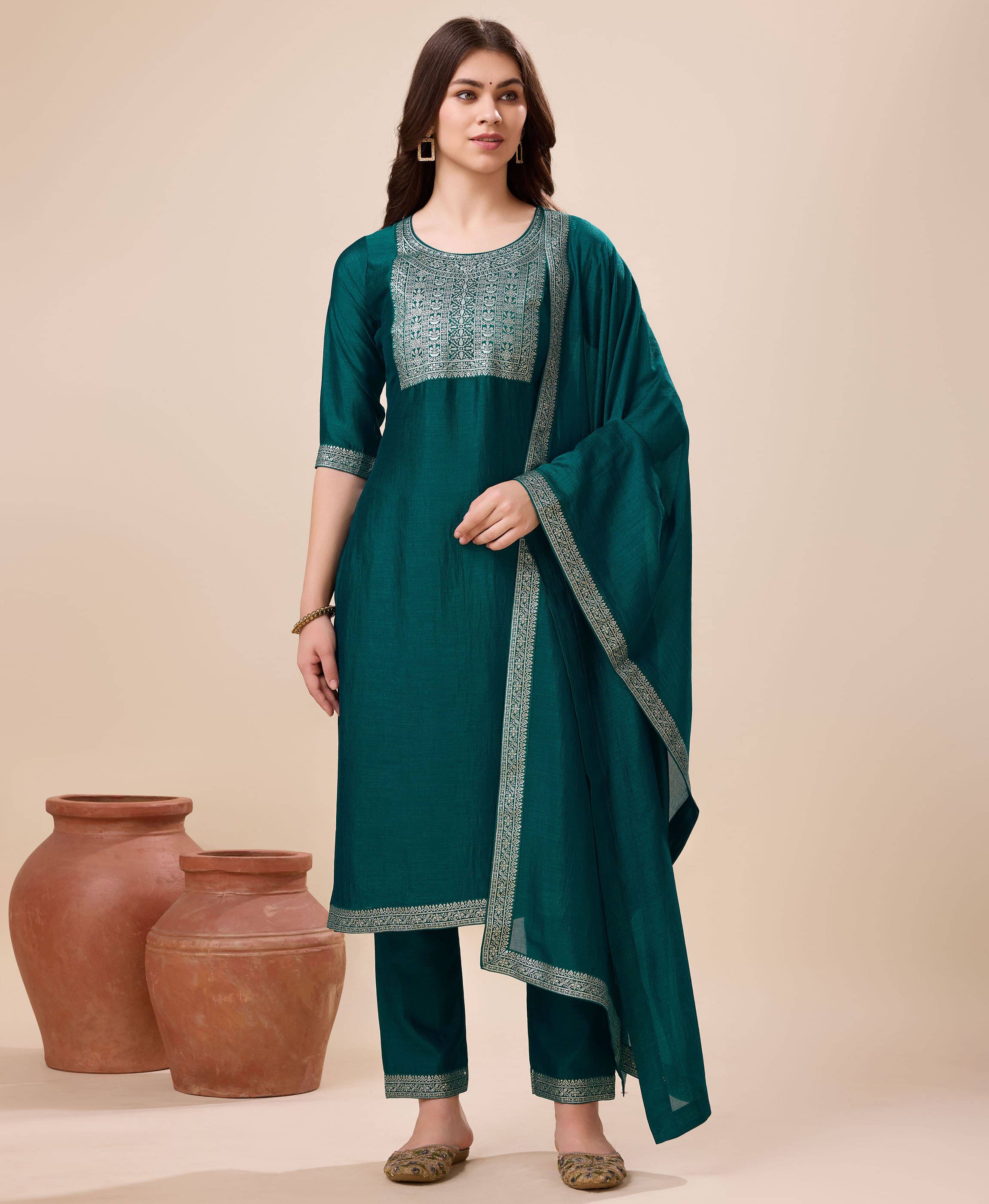     			MOJILAA Silk Self Design Kurti With Pants Women's Stitched Salwar Suit - Green ( Pack of 1 )