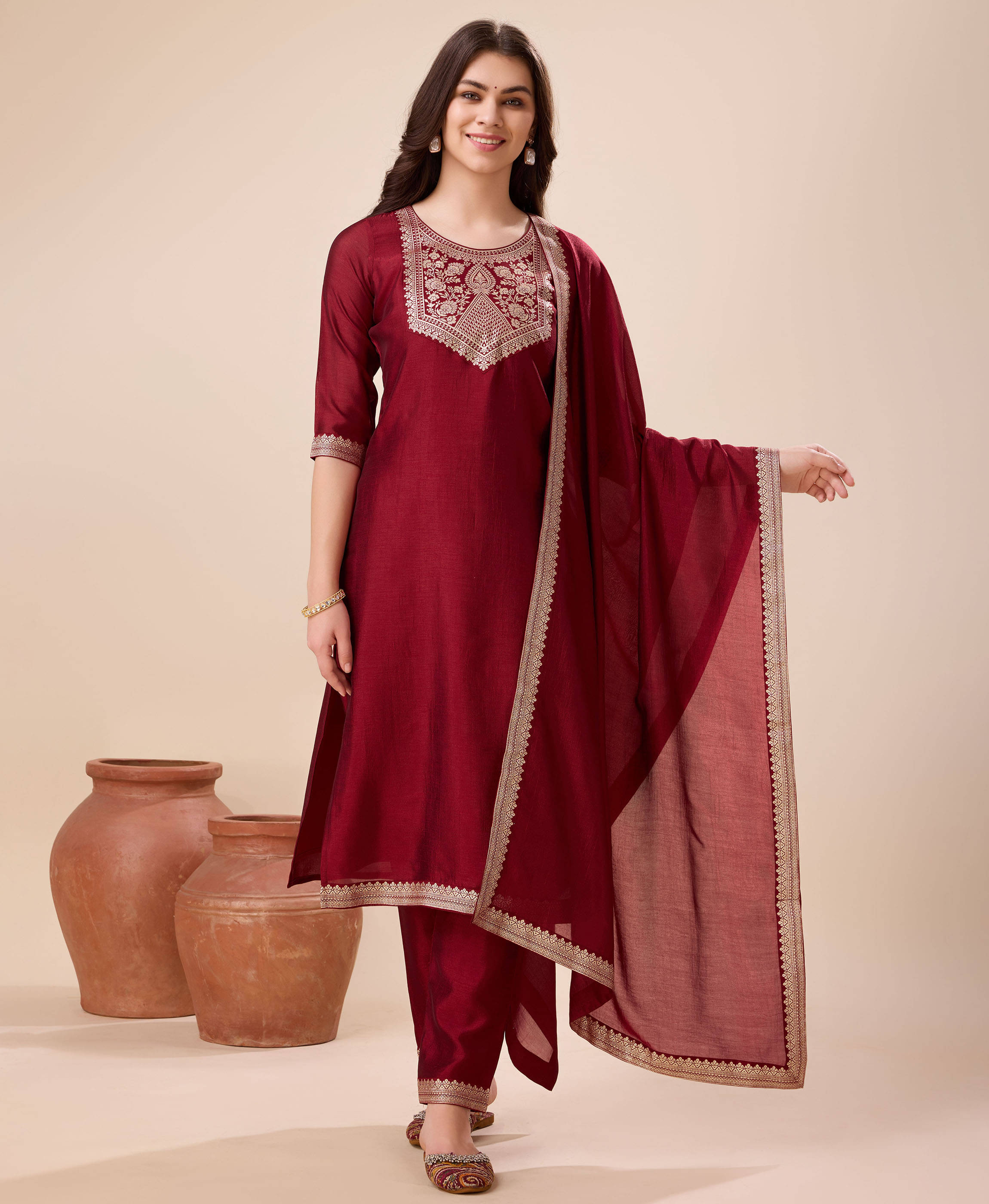     			MOJILAA Silk Self Design Kurti With Pants Women's Stitched Salwar Suit - Maroon ( Pack of 1 )