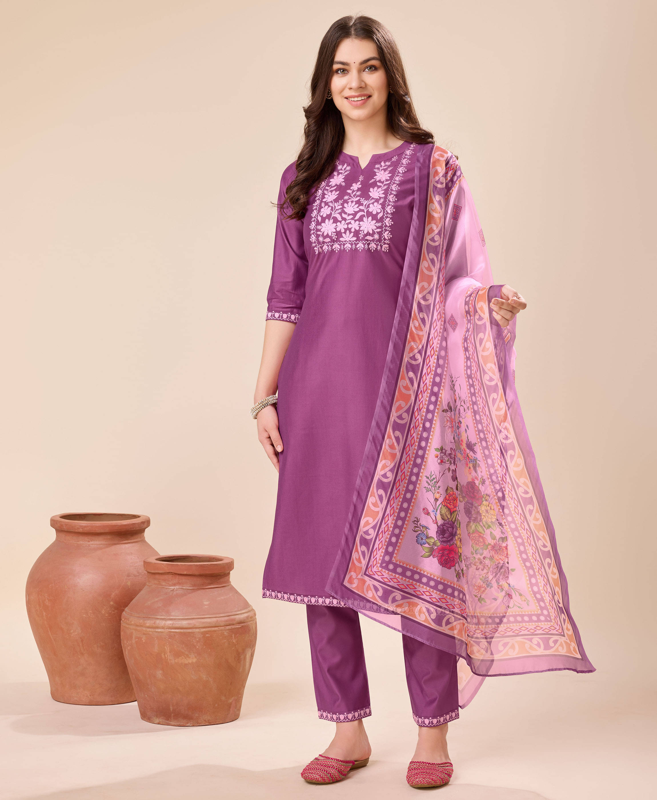     			MOJILAA Viscose Embroidered Kurti With Pants Women's Stitched Salwar Suit - Mauve ( Pack of 1 )