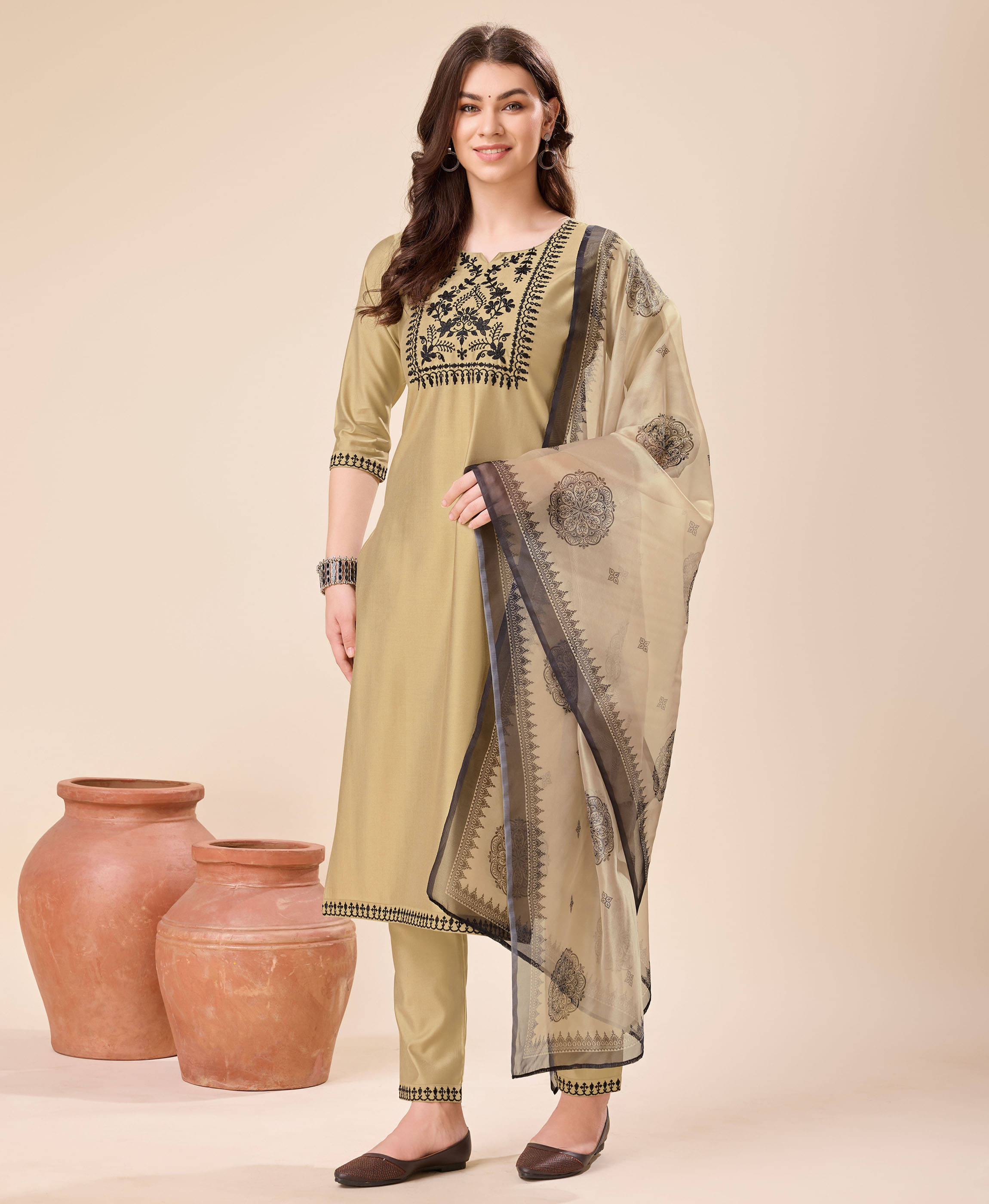 MOJILAA Viscose Embroidered Kurti With Pants Women's Stitched Salwar Suit - Beige ( Pack of 1 ) MOJILAA Viscose Embroidered Kurti With Pants Women's Stitched Salwar Suit - Beige ( Pack of 1 )