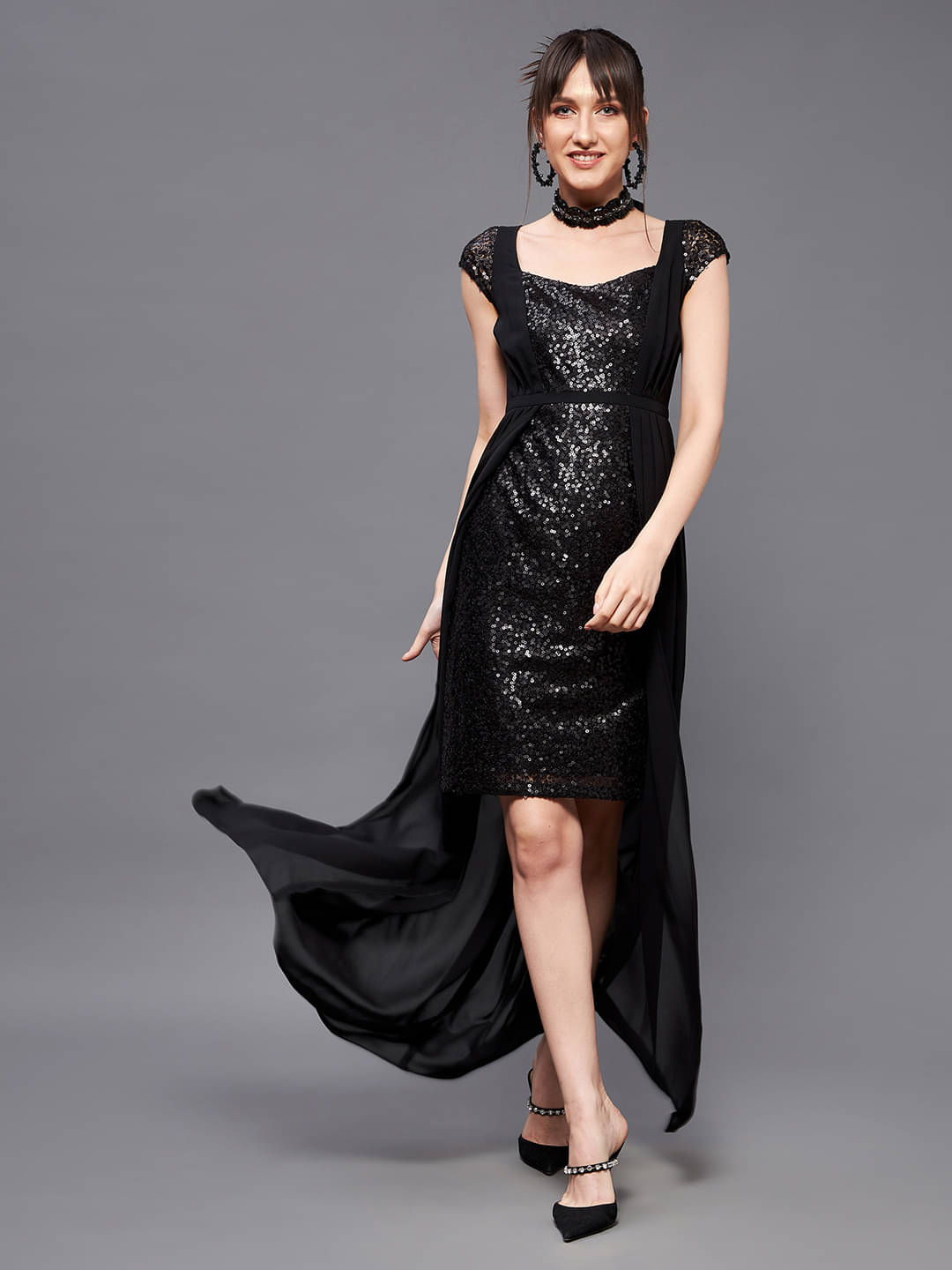 Miss Chase Women Georgette Embellished Fit & Flare Dress ( Black ) Miss Chase Women Georgette Embellished Fit & Flare Dress ( Black )