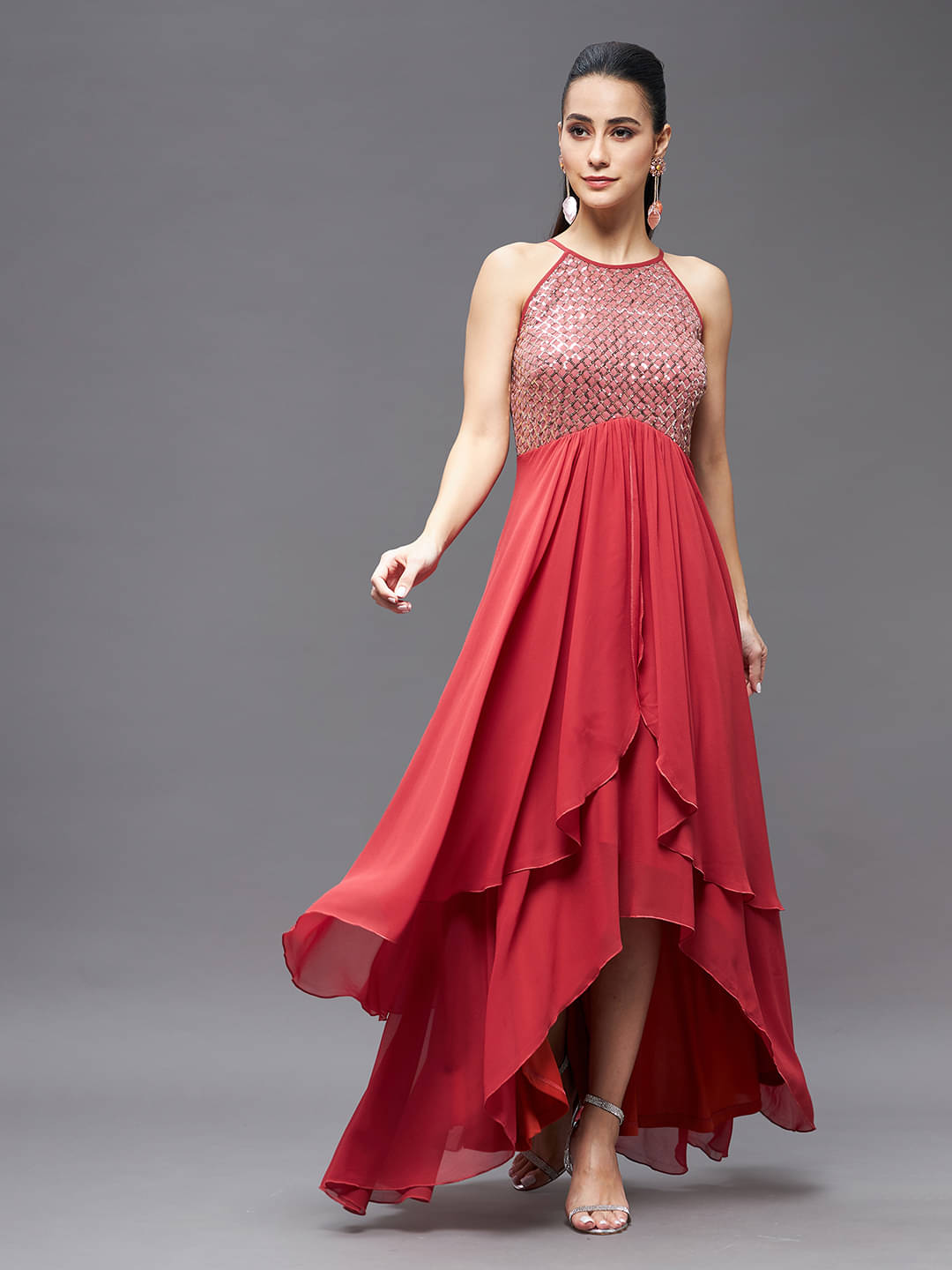     			Miss Chase Women Georgette Embellished Asymmetric Dress ( Red )