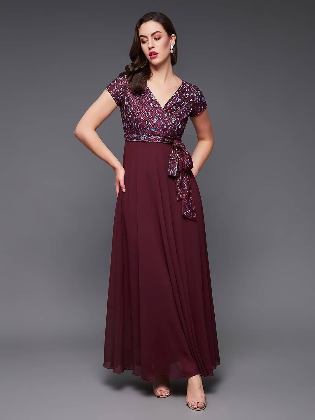 Miss Chase Women Georgette Self Design Fit & Flare Dress ( Wine ) Miss Chase Women Georgette Self Design Fit & Flare Dress ( Wine )