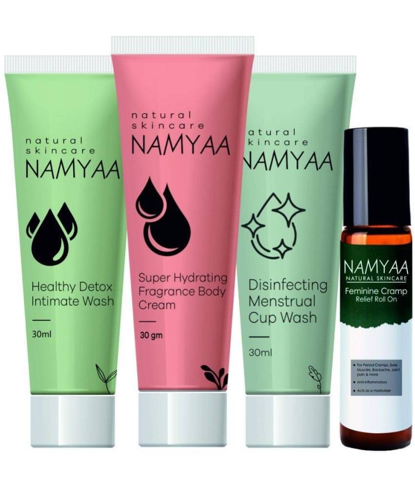 Namyaa Intimate Travel Hygiene Kit | Combo Pack of Intimate Wash, Cup Wash, Super Hydrating Fragrance Body Cream & Period Cramp Roll On | Perfect for Period Pain & Hygiene | 100g Namyaa Intimate Travel Hygiene Kit | Combo Pack of Intimate Wash, Cup Wash, Super Hydrating Fragrance Body Cream & Period Cramp Roll On | Perfect for Period Pain & Hygiene | 100g