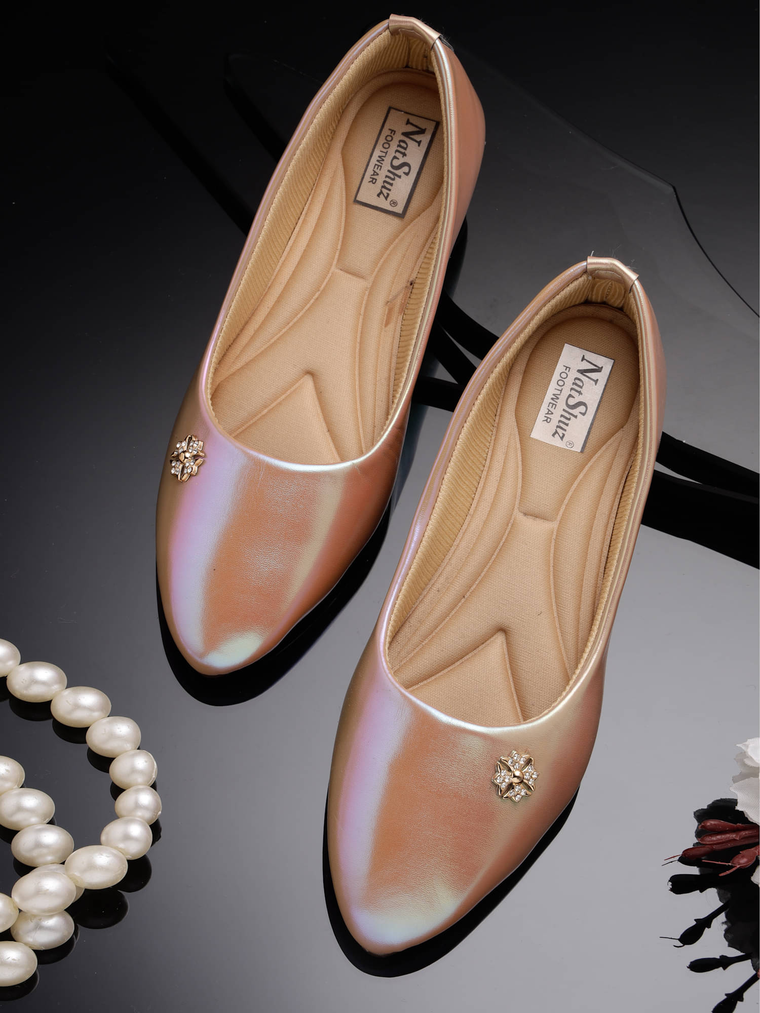     			NATSHUZ Gold Women's Slip-on Shoes Ballerinas