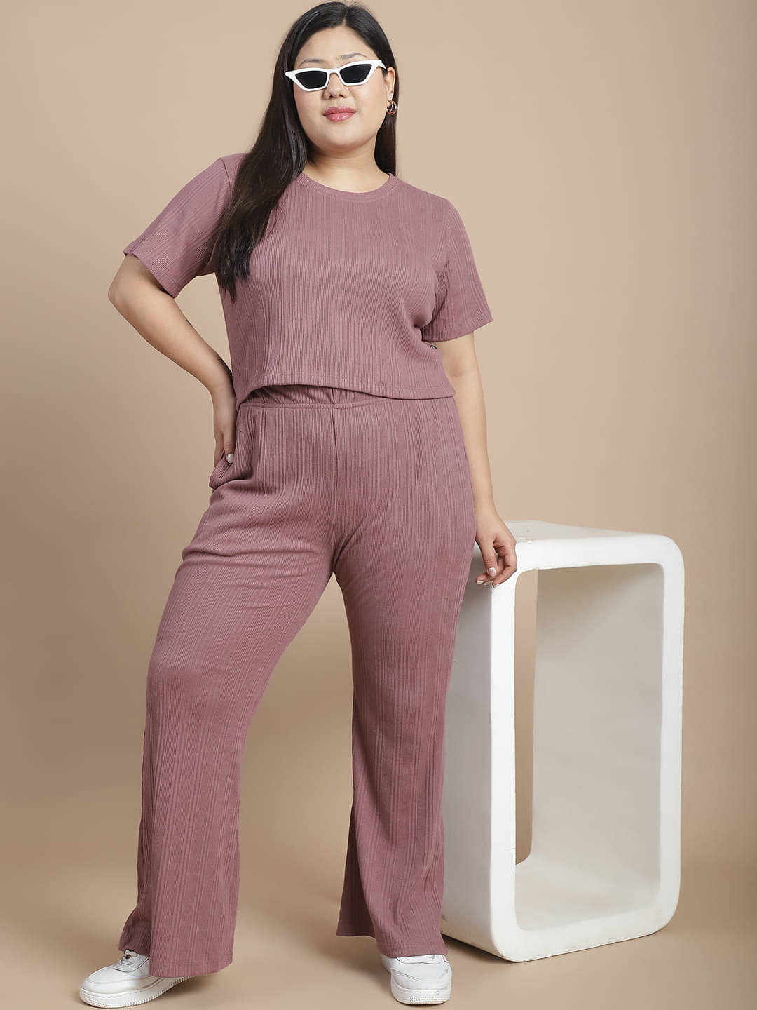     			Rigo Women Solid Top With Trousers Co-Ord Set ( Mauve )