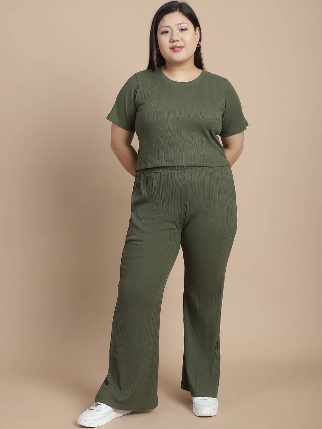     			Rigo Women Solid Top With Trousers Co-Ord Set ( Olive )