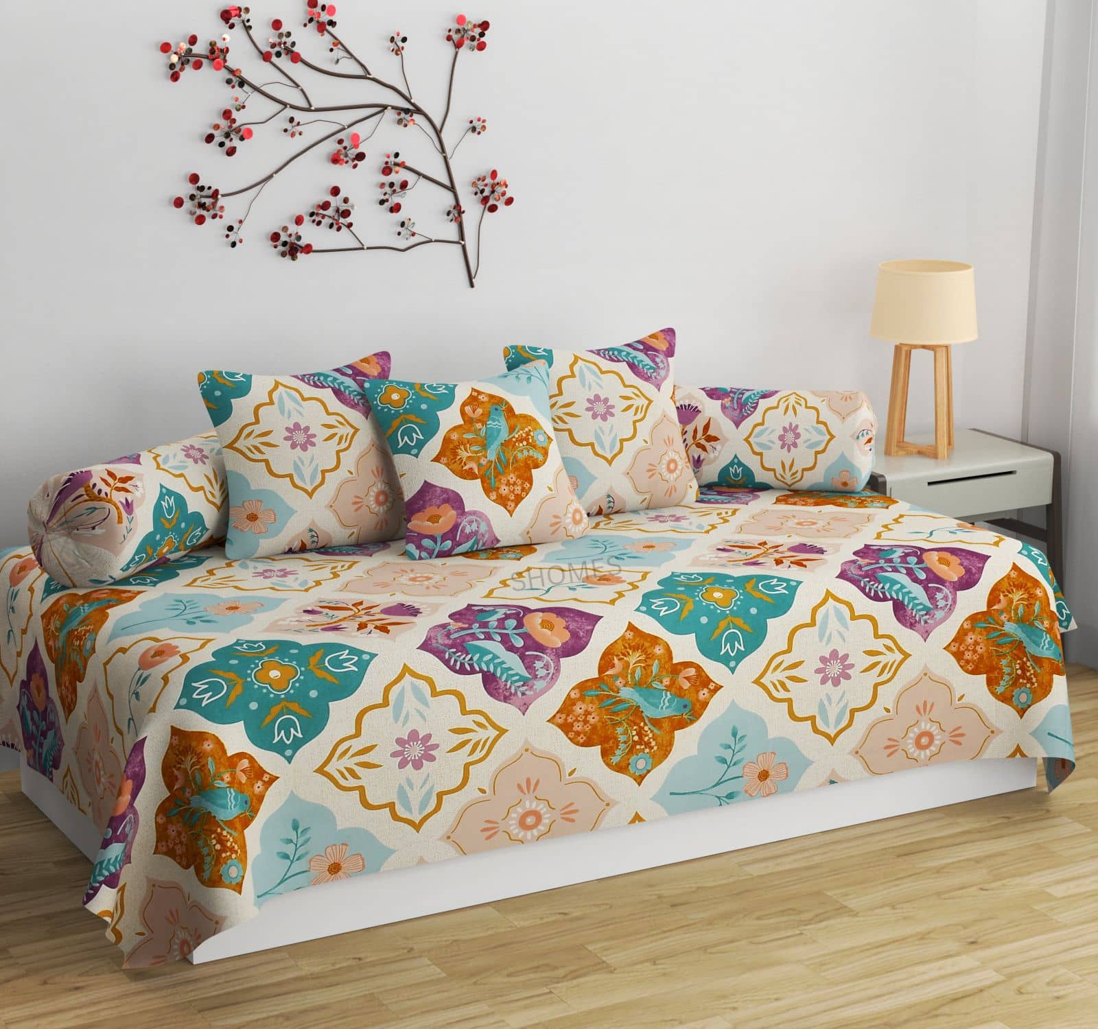 SHOMES Cotton Birds Diwan Set 6 Pcs - Multi