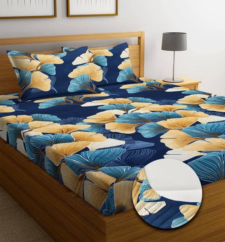     			SHOMES Cotton Floral Fitted 1 Bedsheet with 2 Pillow Covers ( Double Bed ) - Blue