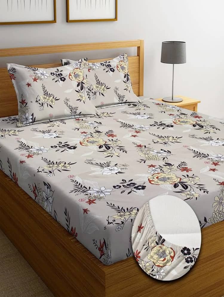 SHOMES Cotton Floral Fitted 1 Bedsheet with 2 Pillow Covers ( Double Bed ) - Beige