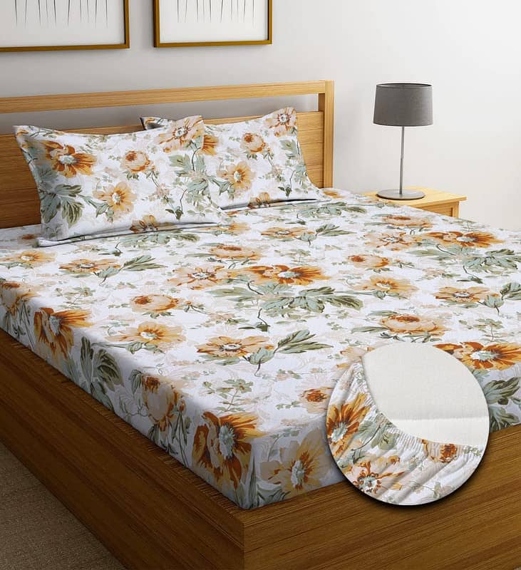 SHOMES Cotton Floral Fitted 1 Bedsheet with 2 Pillow Covers ( Double Bed ) - Cream