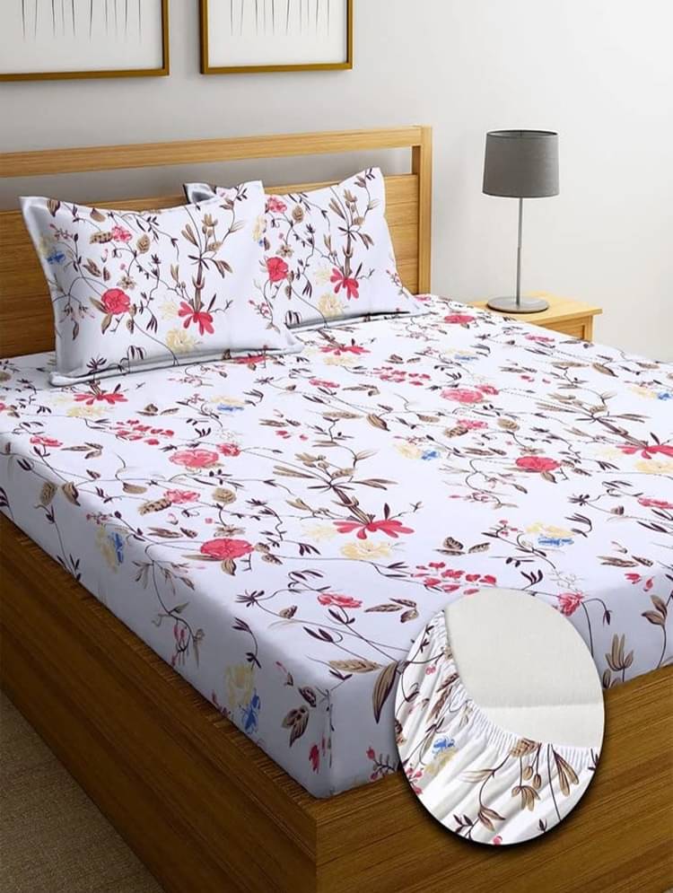 SHOMES Cotton Floral Fitted 1 Bedsheet with 2 Pillow Covers ( Double Bed ) - White SHOMES Cotton Floral Fitted 1 Bedsheet with 2 Pillow Covers ( Double Bed ) - White