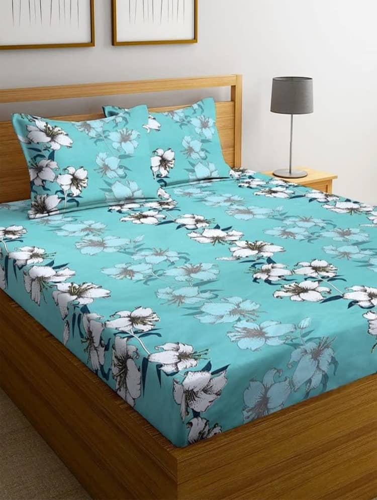 SHOMES Cotton Floral Fitted 1 Bedsheet with 2 Pillow Covers ( Double Bed ) - Green