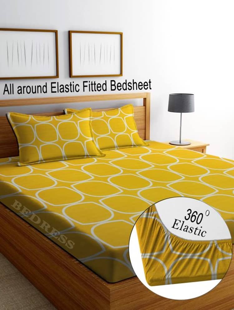 SHOMES Cotton Geometric Fitted 1 Bedsheet with 2 Pillow Covers ( Double Bed ) - Yellow