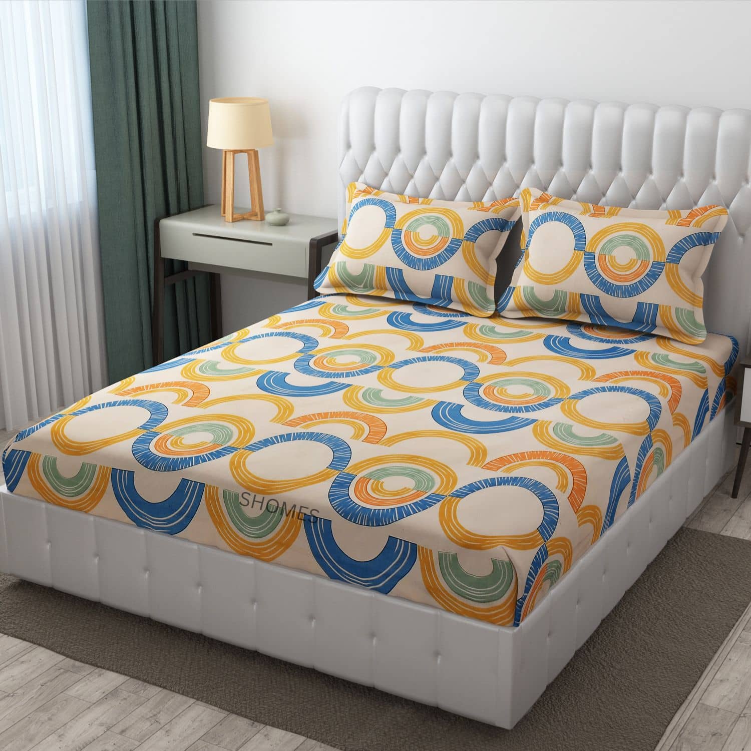 SHOMES Cotton Geometric Fitted 1 Bedsheet with 2 Pillow Covers ( Double Bed ) - Orange