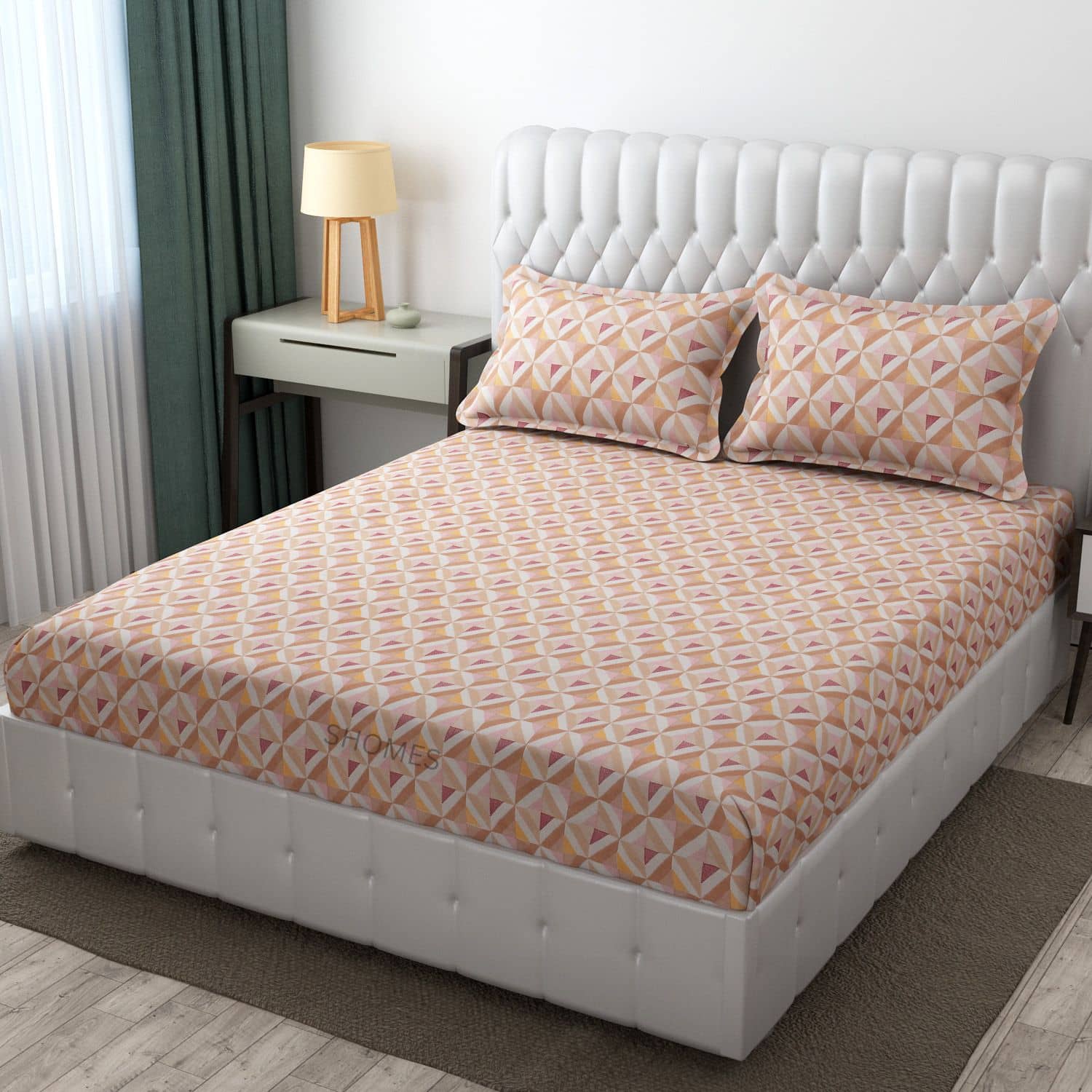 SHOMES Cotton Geometric Fitted 1 Bedsheet with 2 Pillow Covers ( Double Bed ) - Orange