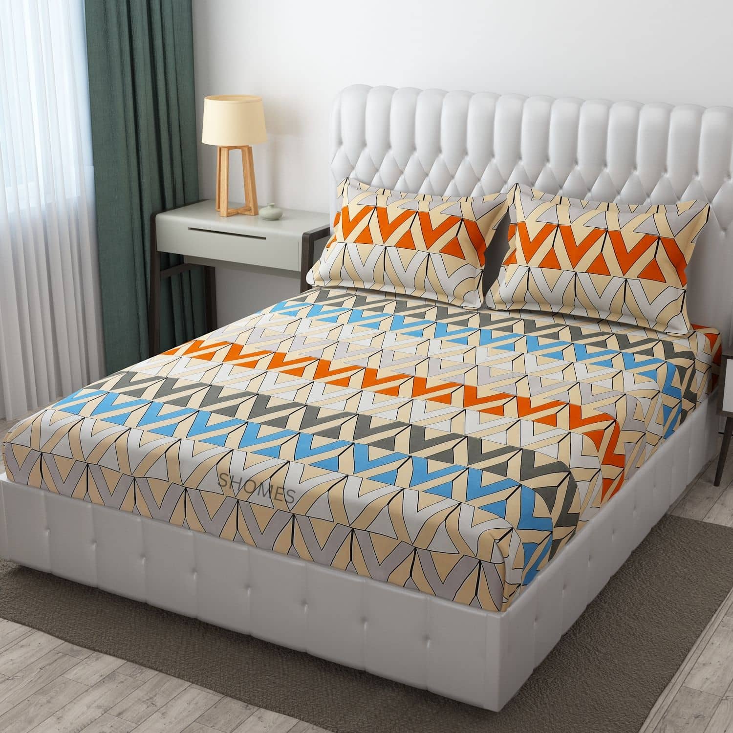SHOMES Cotton Geometric Fitted 1 Bedsheet with 2 Pillow Covers ( Double Bed ) - Multi