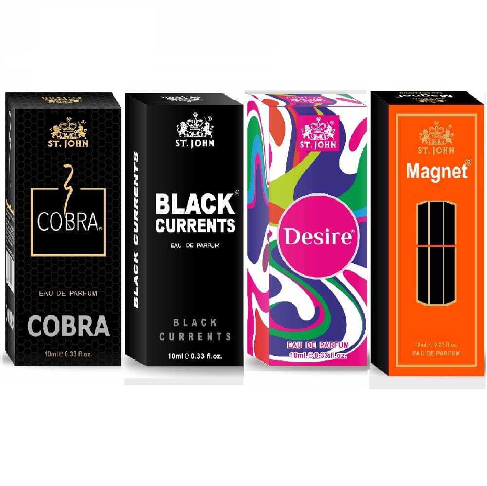 ST.JOHN Cobra ,Black Current ,Essence & Magnet Pocket Perfume for Men 10 ml ( - Pack of 4 ) ST.JOHN Cobra ,Black Current ,Essence & Magnet Pocket Perfume for Men 10 ml ( - Pack of 4 )