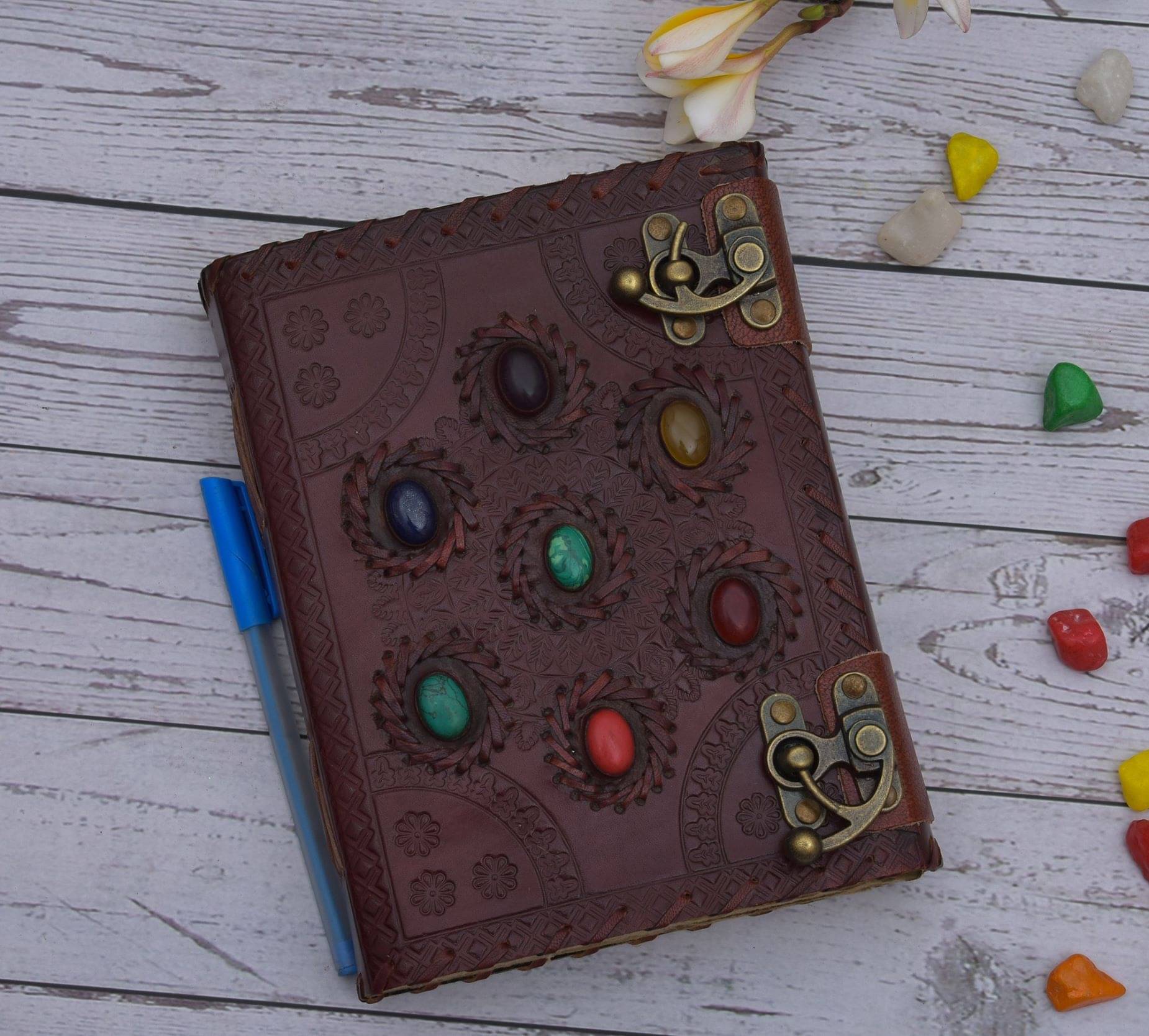     			7 Chakras leather emboss with 2 lock 8 x6 inches A5 Diary un-ruled 240 Pages (Brown)