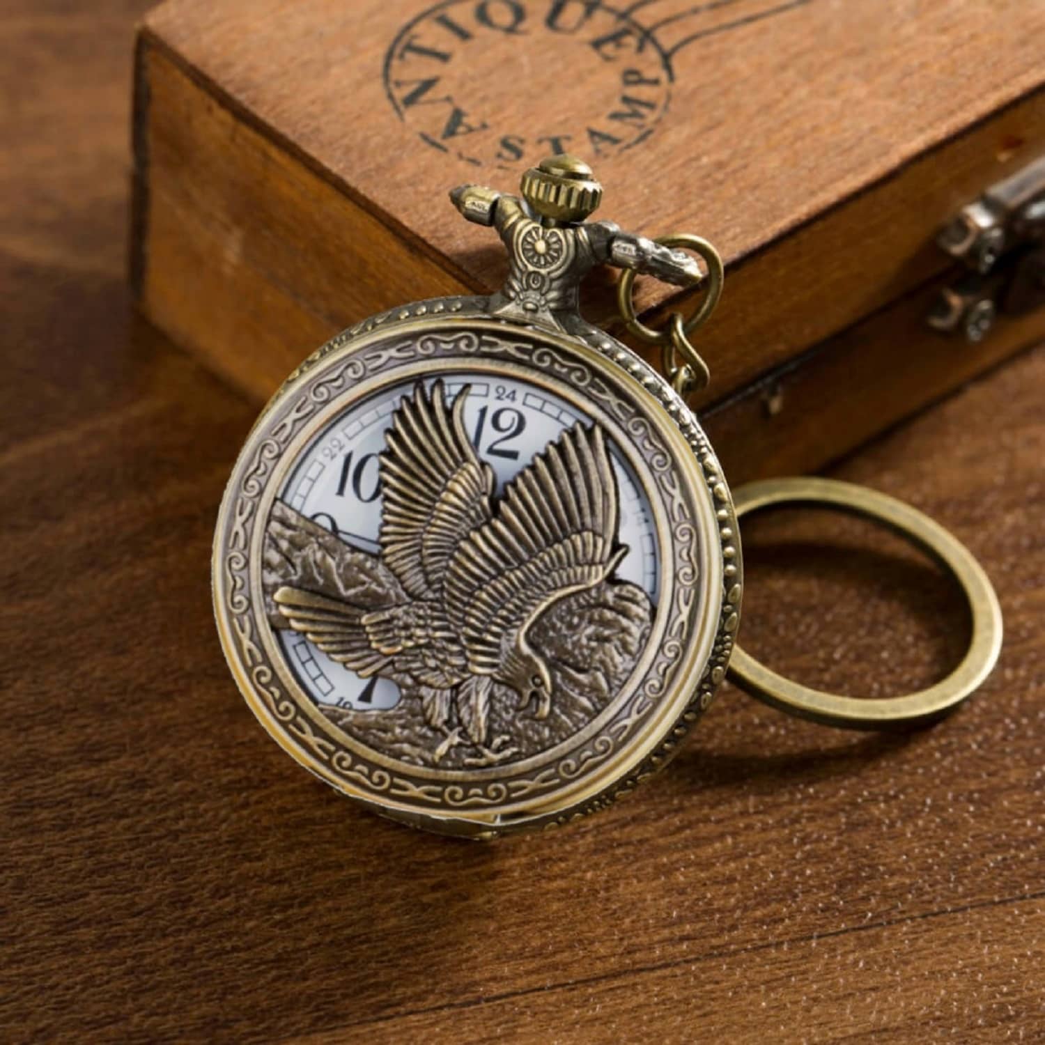 Vintage Bronze Eagle Pocket Watch Keychain | Durable Gift for Kids Boys Girls | Cool Backpack Charm Holder