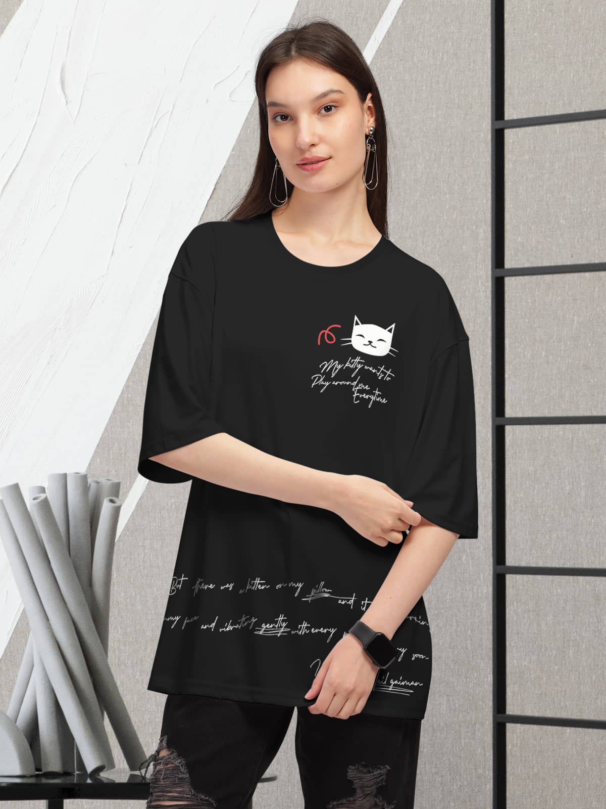 HELLCAT Women Cotton Blend Printed Oversized Fit Round Neck T-Shirt ( Yellow )