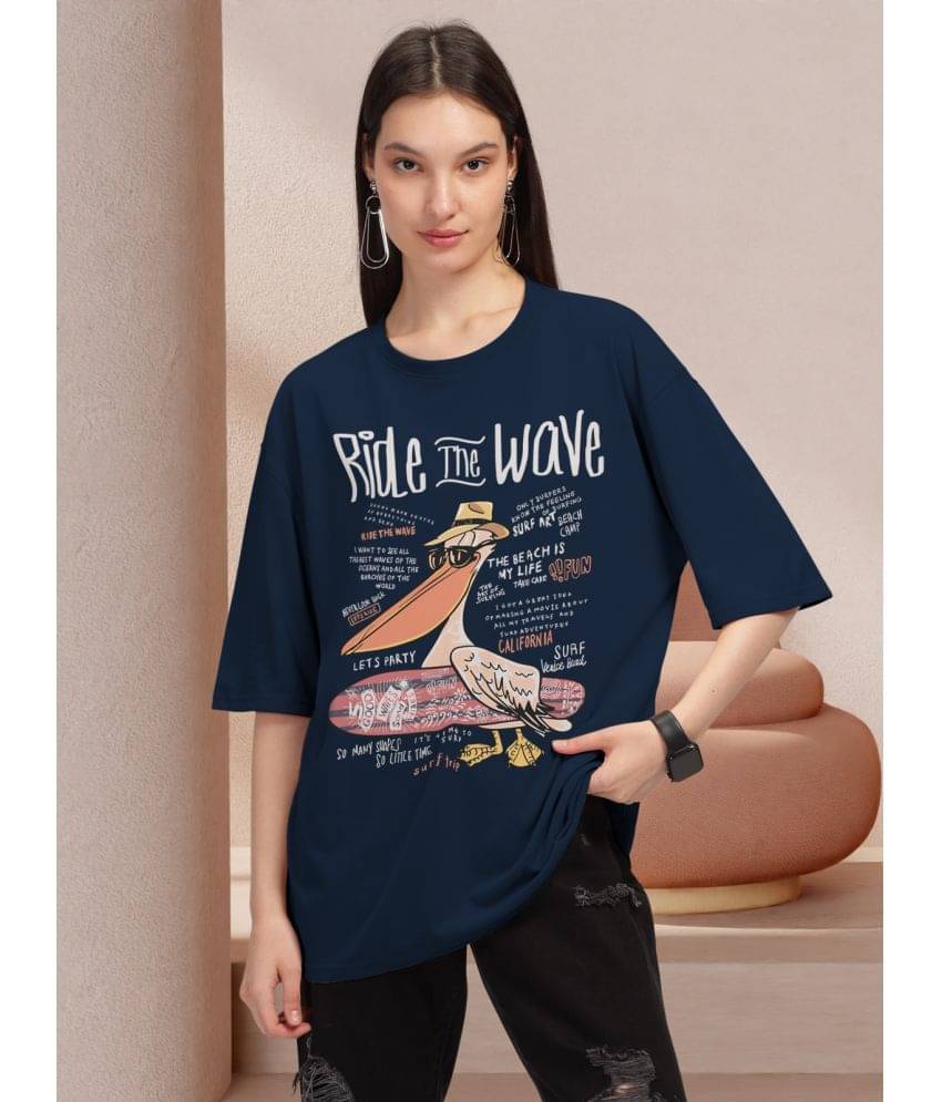 HELLCAT Women Cotton Blend Printed Oversized Fit Round Neck T-Shirt ( Navy Blue ) HELLCAT Women Cotton Blend Printed Oversized Fit Round Neck T-Shirt ( Navy Blue )