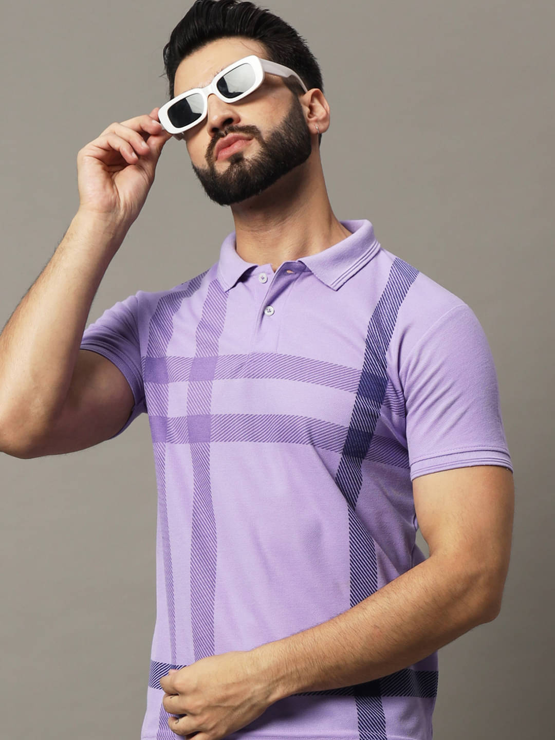 Hushbucks Pack of 1 Cotton Blend Regular Fit Checks Half Sleeves Men's Polo T Shirt ( Lavender ) Hushbucks Pack of 1 Cotton Blend Regular Fit Checks Half Sleeves Men's Polo T Shirt ( Lavender )