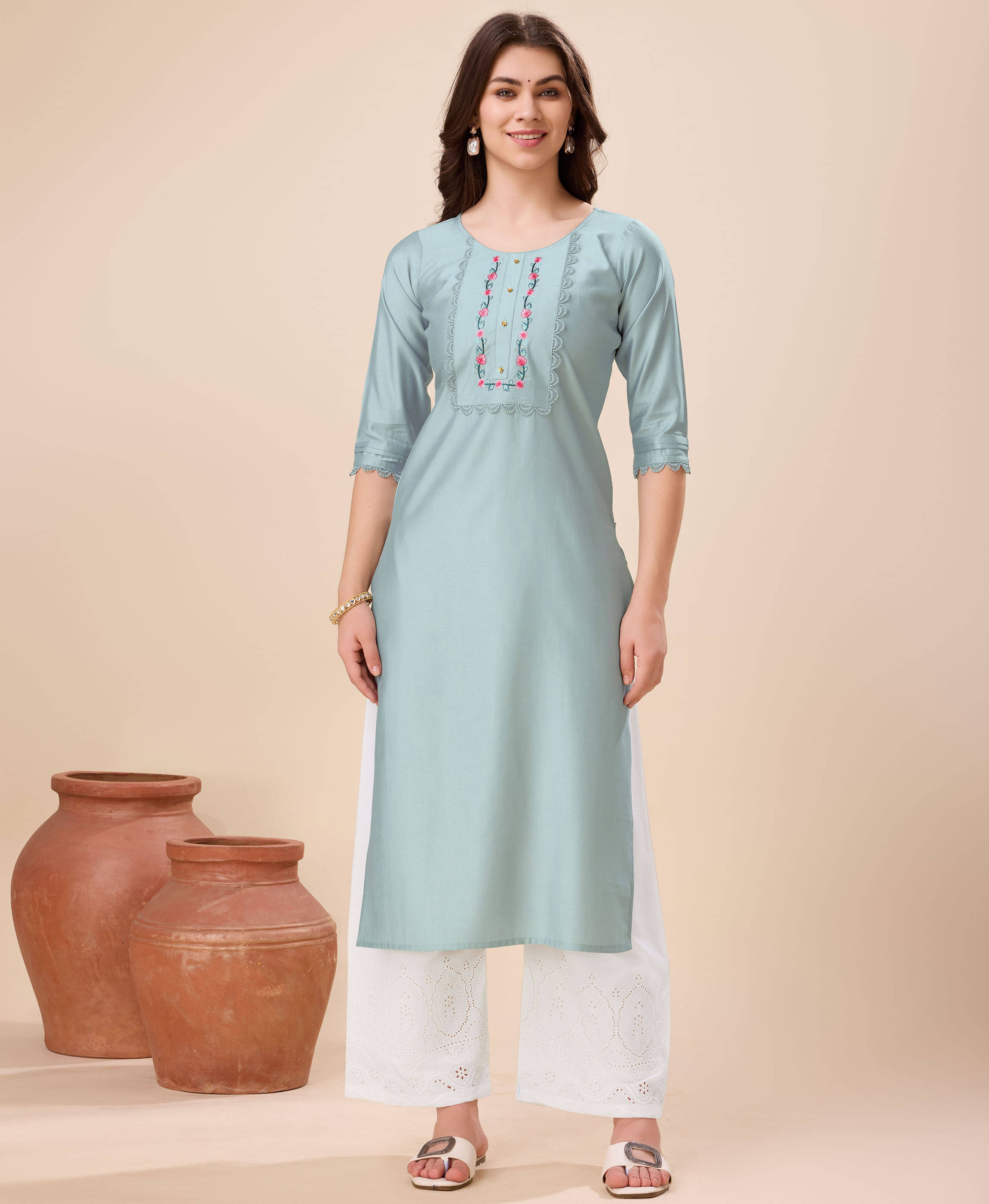 MOJILAA Viscose Embroidered Straight Women's Kurti - Grey ( Pack of 1 )     			MOJILAA Viscose Embroidered Straight Women's Kurti - Grey ( Pack of 1 )