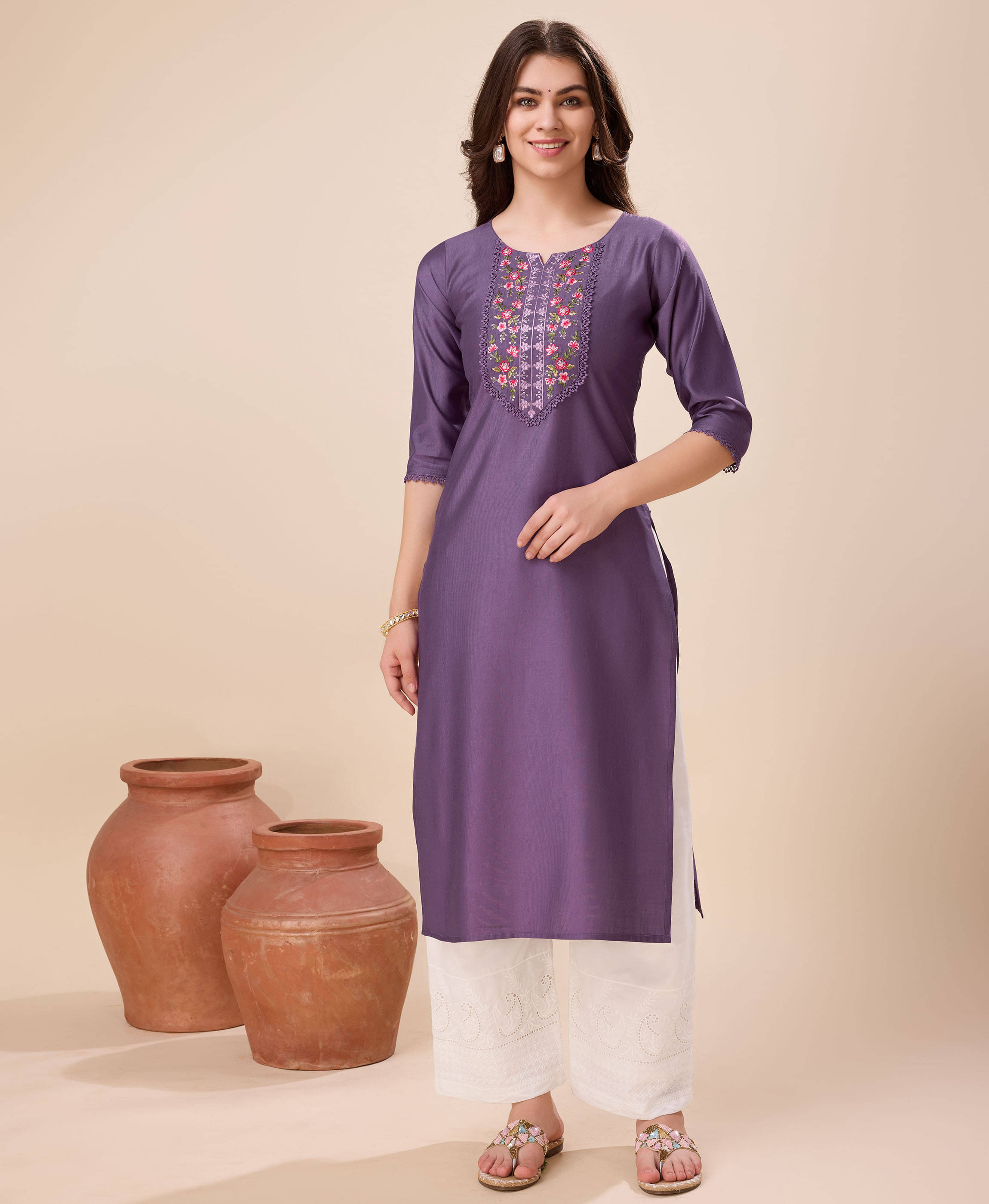 MOJILAA Viscose Embroidered Straight Women's Kurti - Mauve ( Pack of 1 ) MOJILAA Viscose Embroidered Straight Women's Kurti - Mauve ( Pack of 1 )