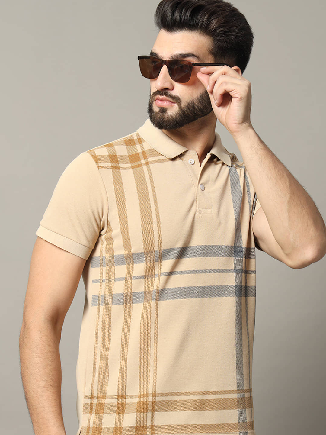 RELANE Pack of 1 Cotton Blend Regular Fit Checks Half Sleeves Men's Polo T Shirt ( Beige )