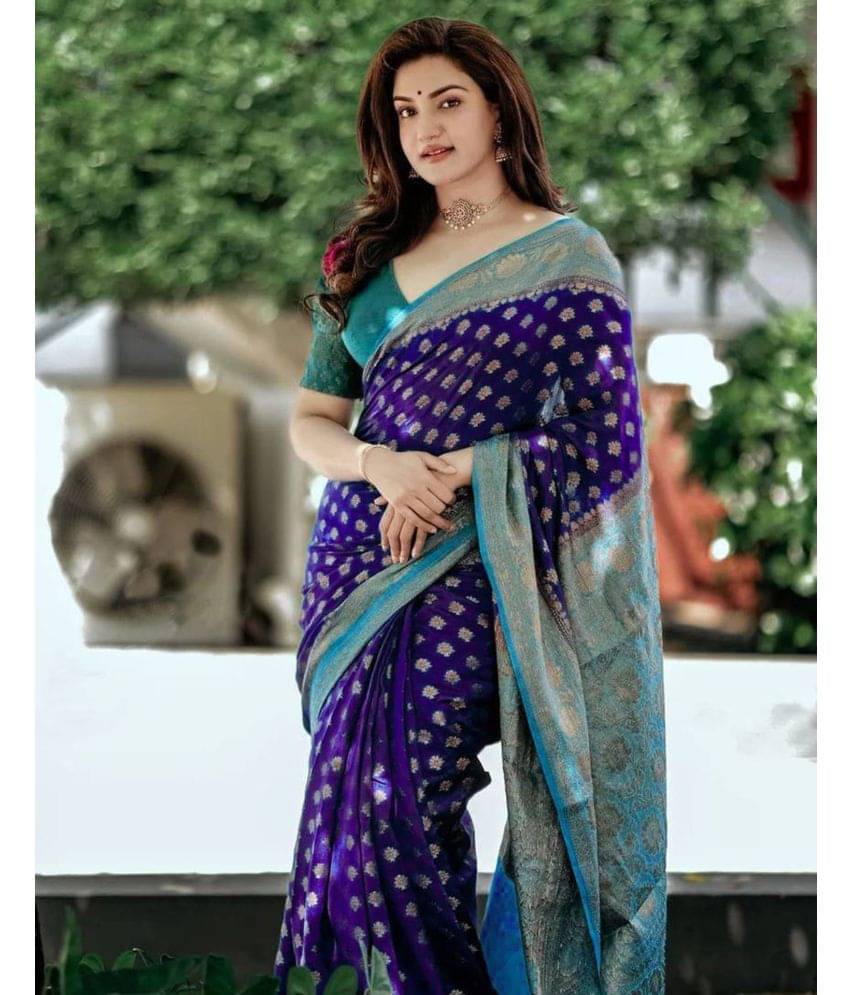     			Satrani Art Silk Printed Saree With Unstitched Blouse Piece ( Blue )