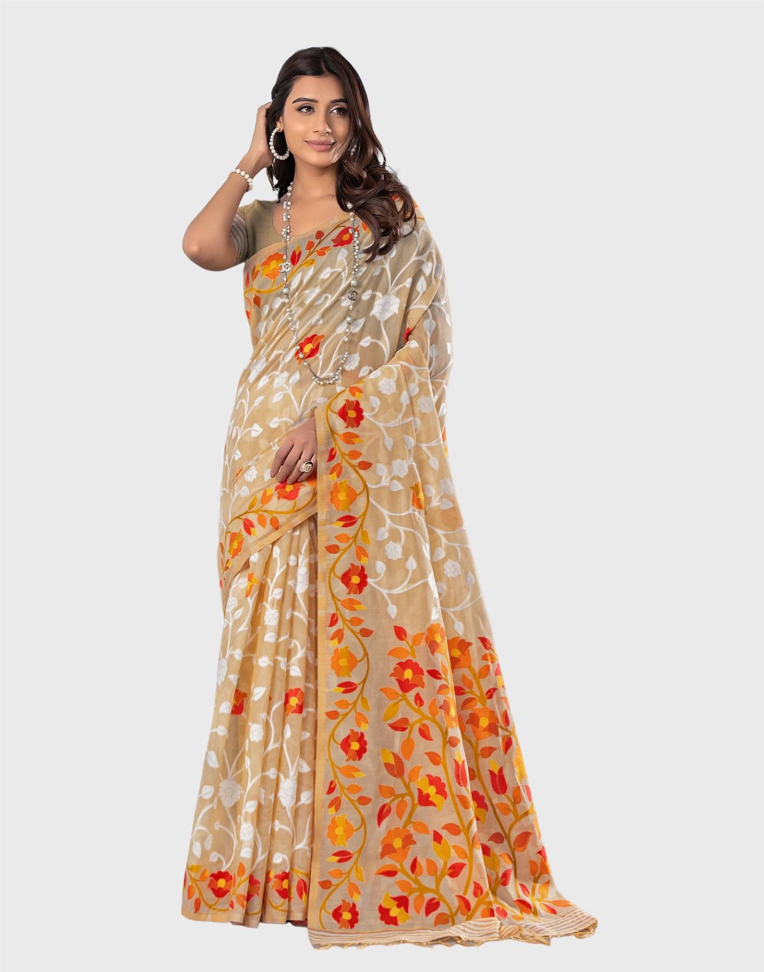 Satrani Cotton Printed Saree With Unstitched Blouse Piece ( Beige ) Satrani Cotton Printed Saree With Unstitched Blouse Piece ( Beige )