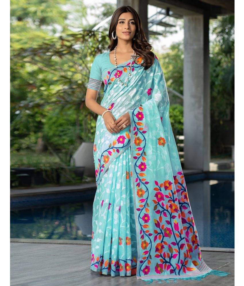     			Satrani Cotton Printed Saree With Unstitched Blouse Piece ( SkyBlue )