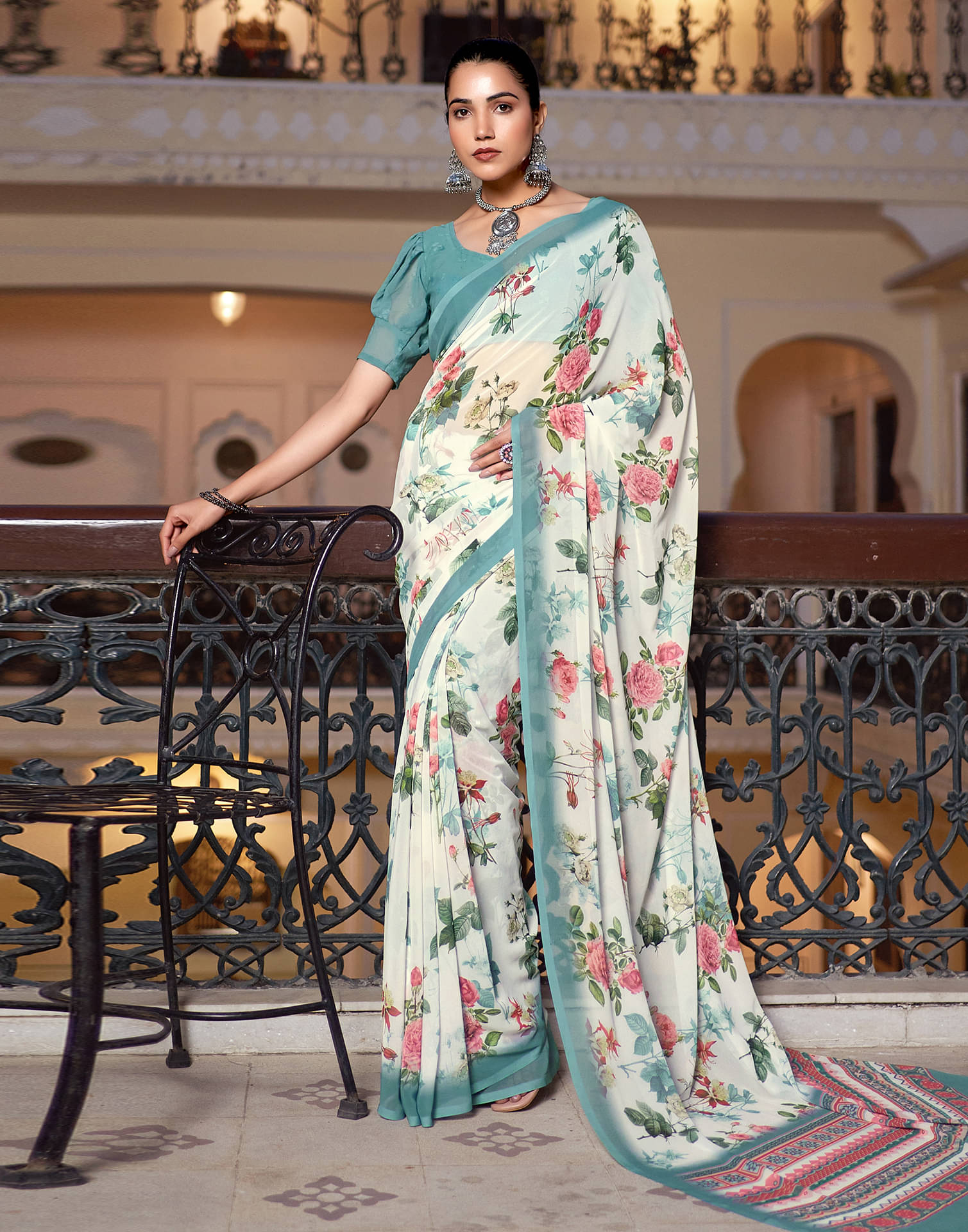 Satrani Georgette Printed Saree With Unstitched Blouse Piece ( LightBLue ) Satrani Georgette Printed Saree With Unstitched Blouse Piece ( LightBLue )