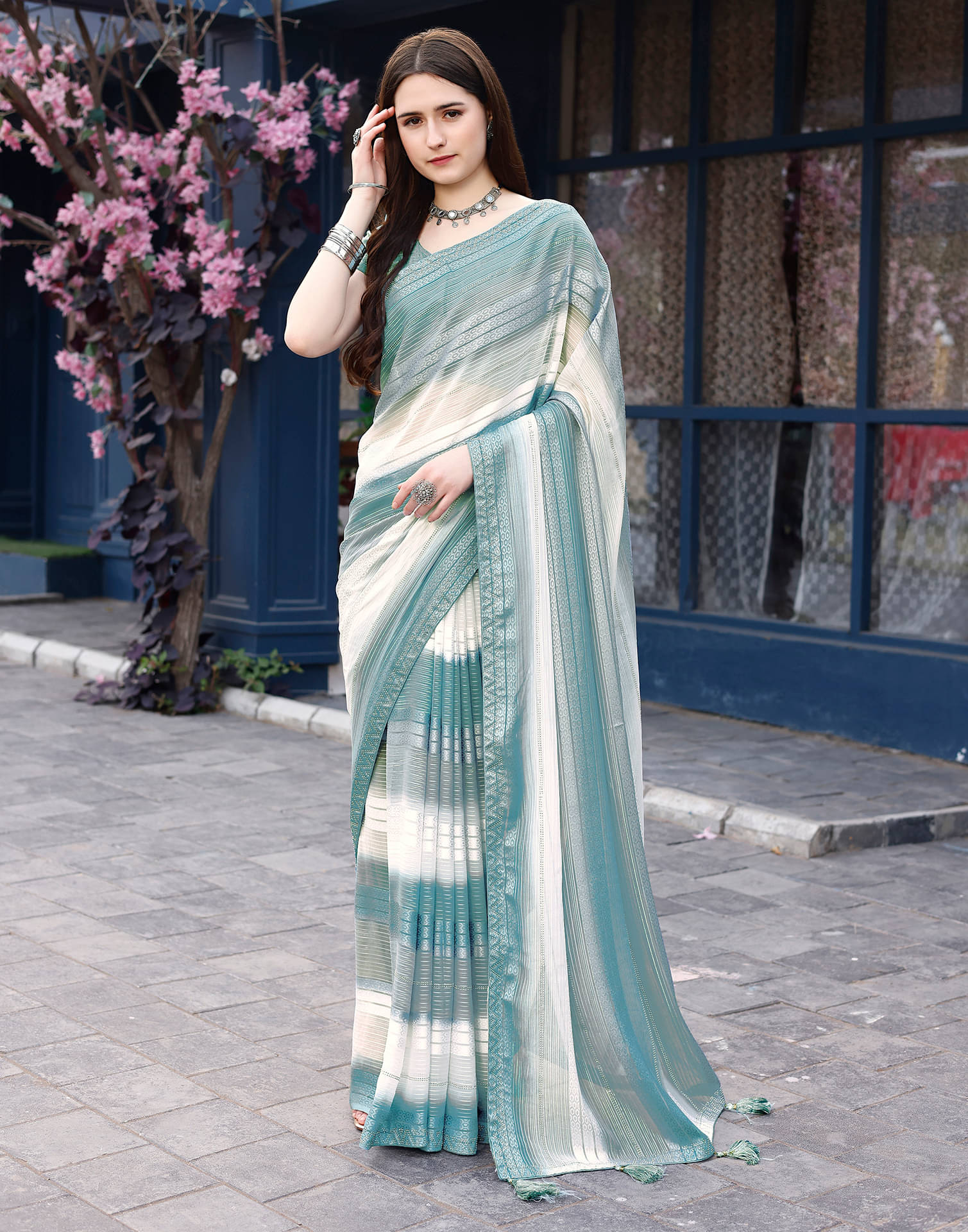 Satrani Georgette Printed Saree With Unstitched Blouse Piece ( Teal ) Satrani Georgette Printed Saree With Unstitched Blouse Piece ( Teal )