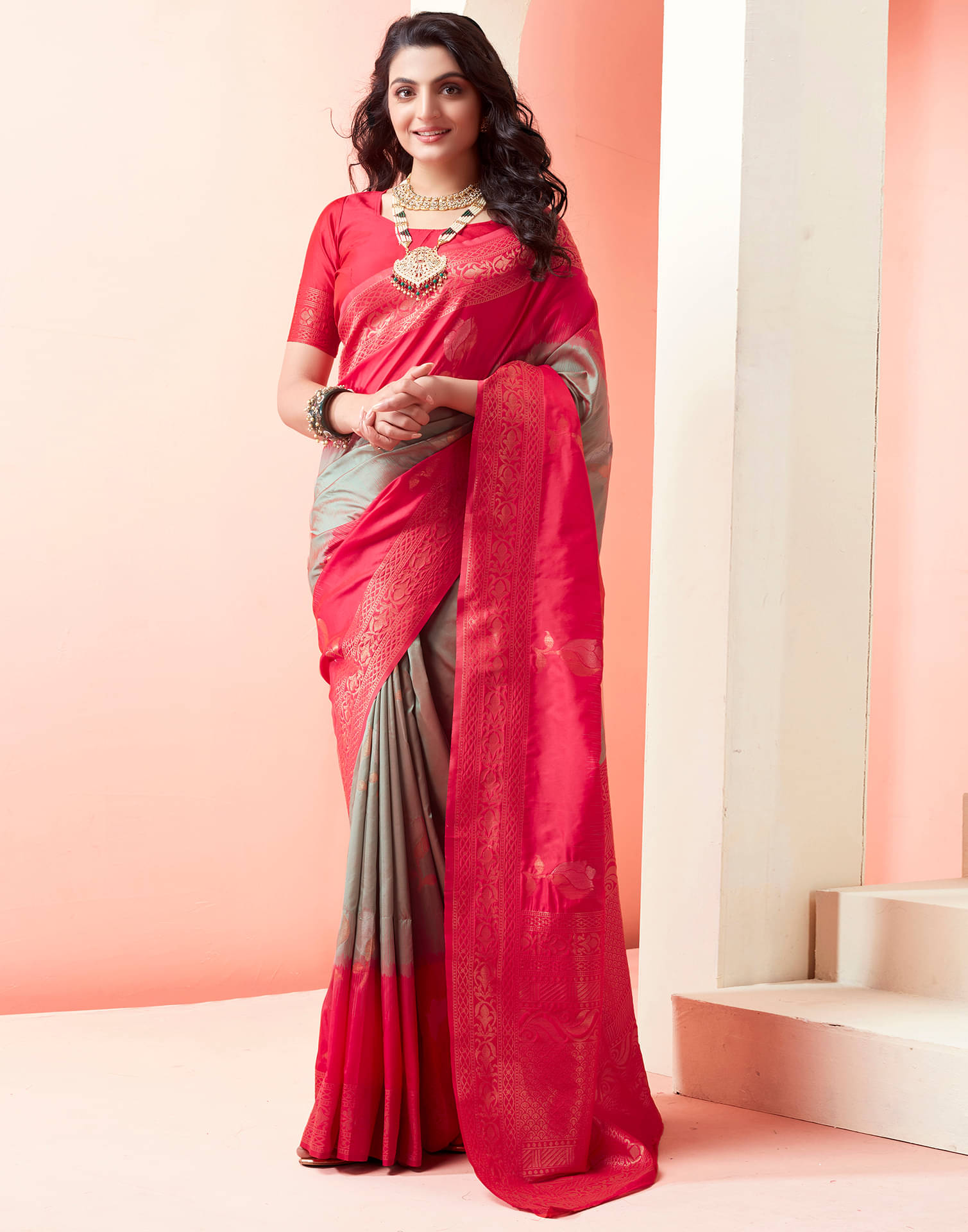    			Satrani Silk Embellished Saree With Unstitched Blouse Piece ( Grey )
