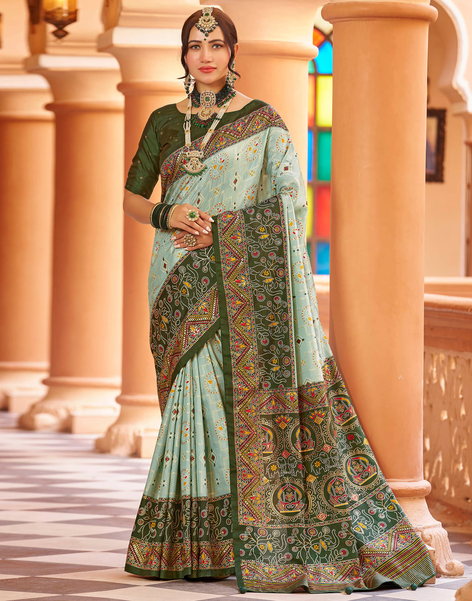     			Satrani Silk Printed Saree With Unstitched Blouse Piece ( Mint Green )
