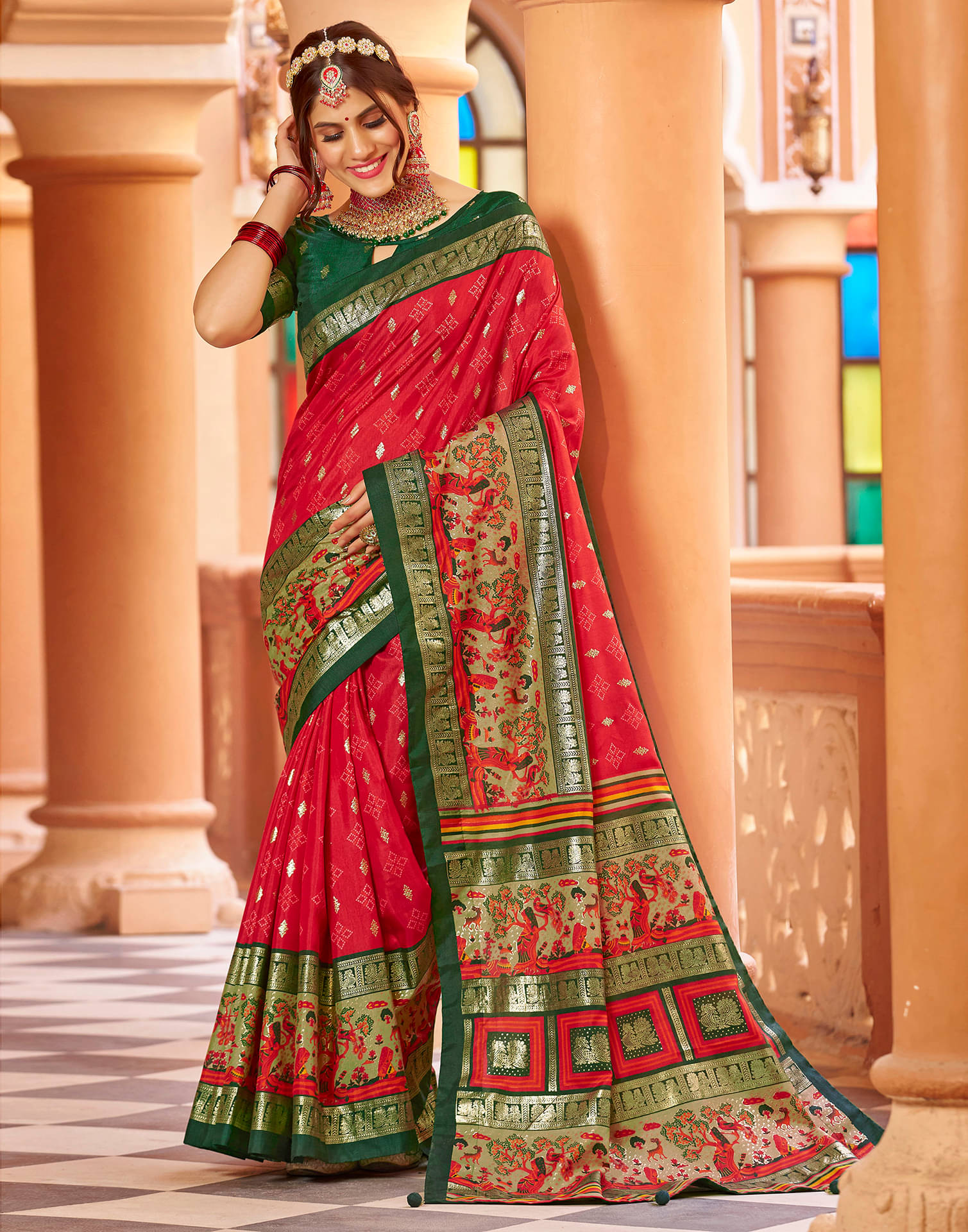 Satrani Silk Printed Saree With Unstitched Blouse Piece ( Red ) Satrani Silk Printed Saree With Unstitched Blouse Piece ( Red )