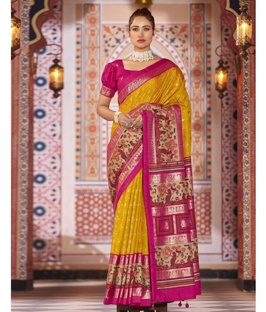 Satrani Silk Printed Saree With Unstitched Blouse Piece ( Yellow ) Satrani Silk Printed Saree With Unstitched Blouse Piece ( Yellow )