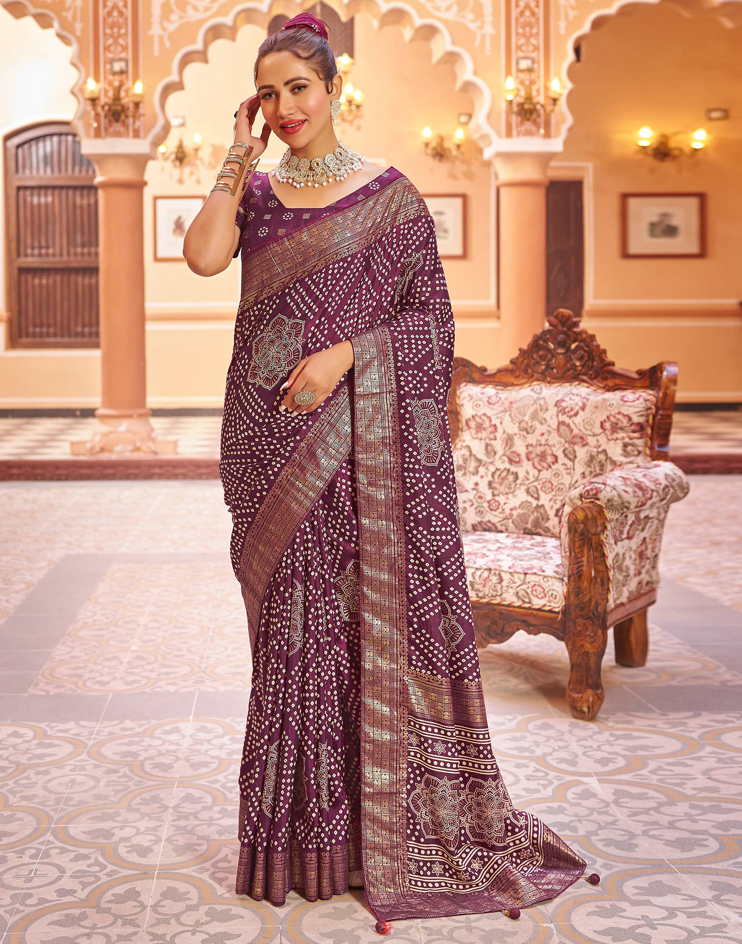Satrani Silk Printed Saree With Unstitched Blouse Piece ( Purple ) Satrani Silk Printed Saree With Unstitched Blouse Piece ( Purple )