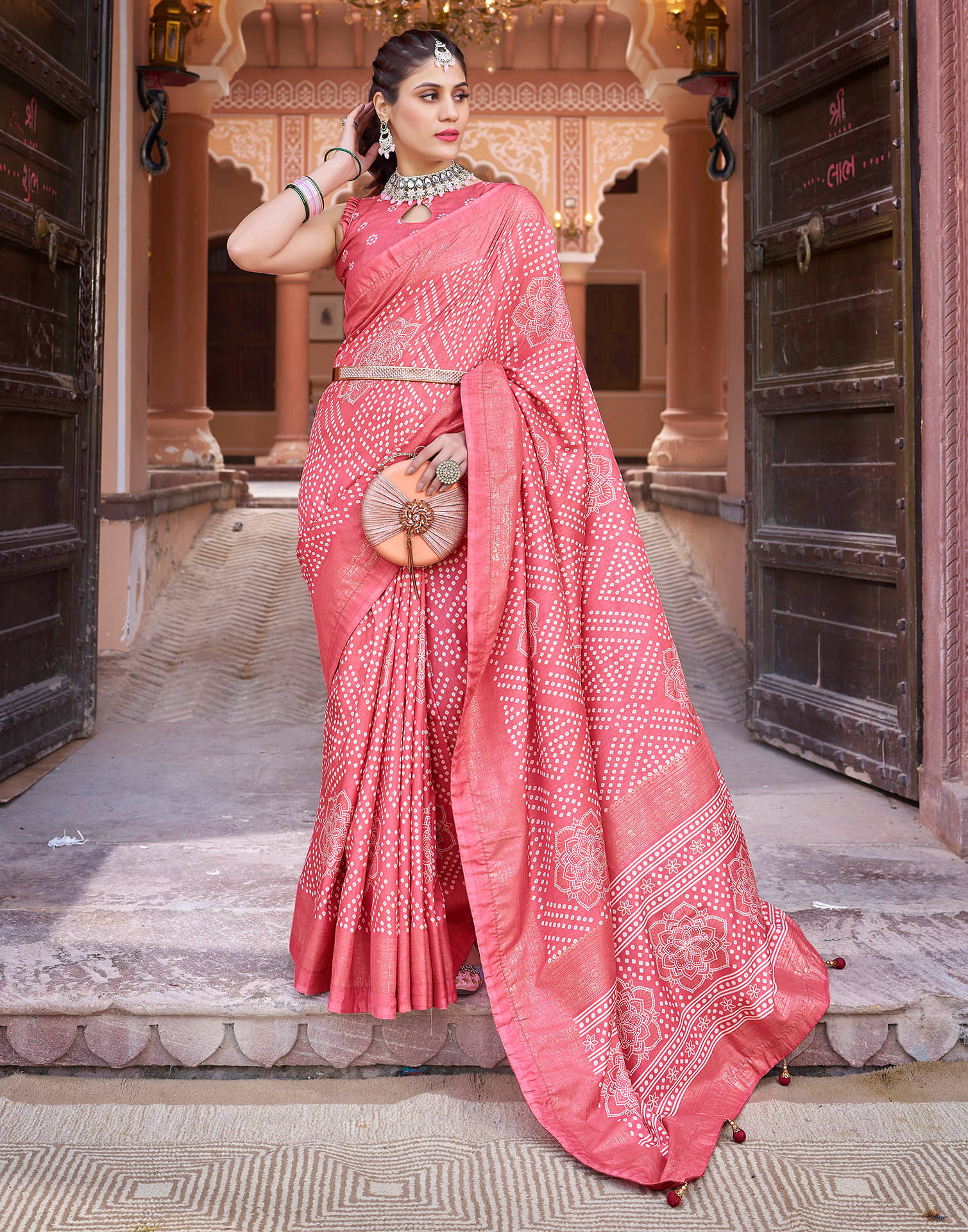     			Satrani Silk Printed Saree With Unstitched Blouse Piece ( Peach )