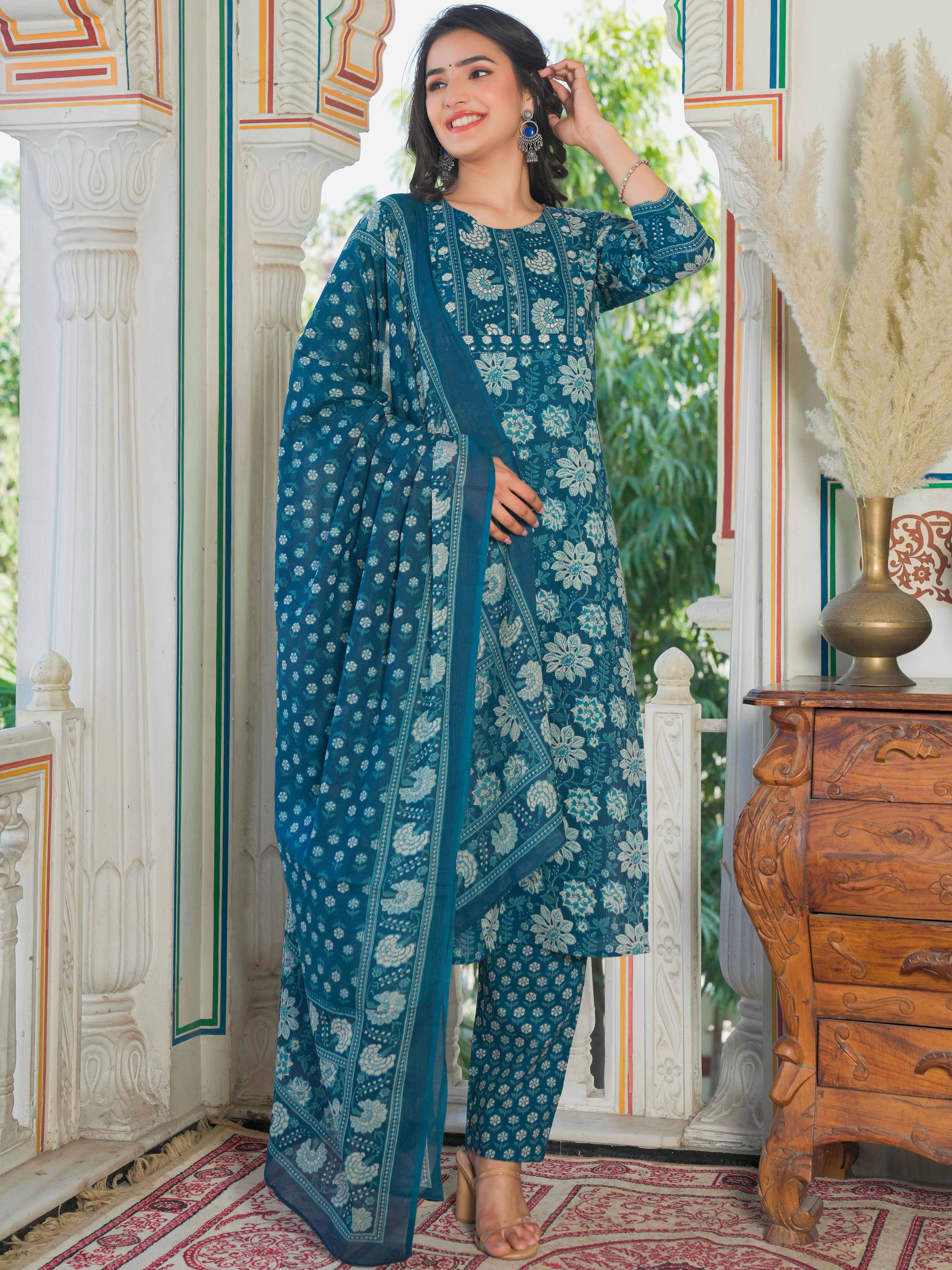     			Vbuyz Cotton Printed Kurti With Pants Women's Stitched Salwar Suit - Blue ( Pack of 3 )