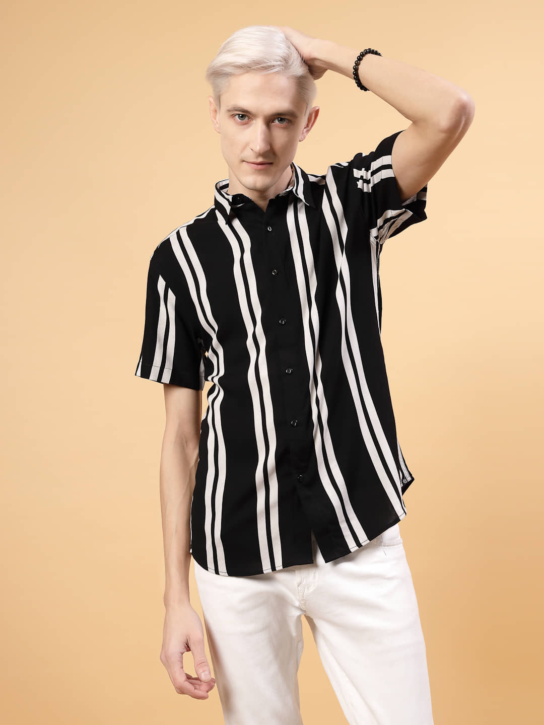 Rigo Rayon Slim Fit Striped Half Sleeves Men's Casual Shirt - Black ( Pack of 1 )