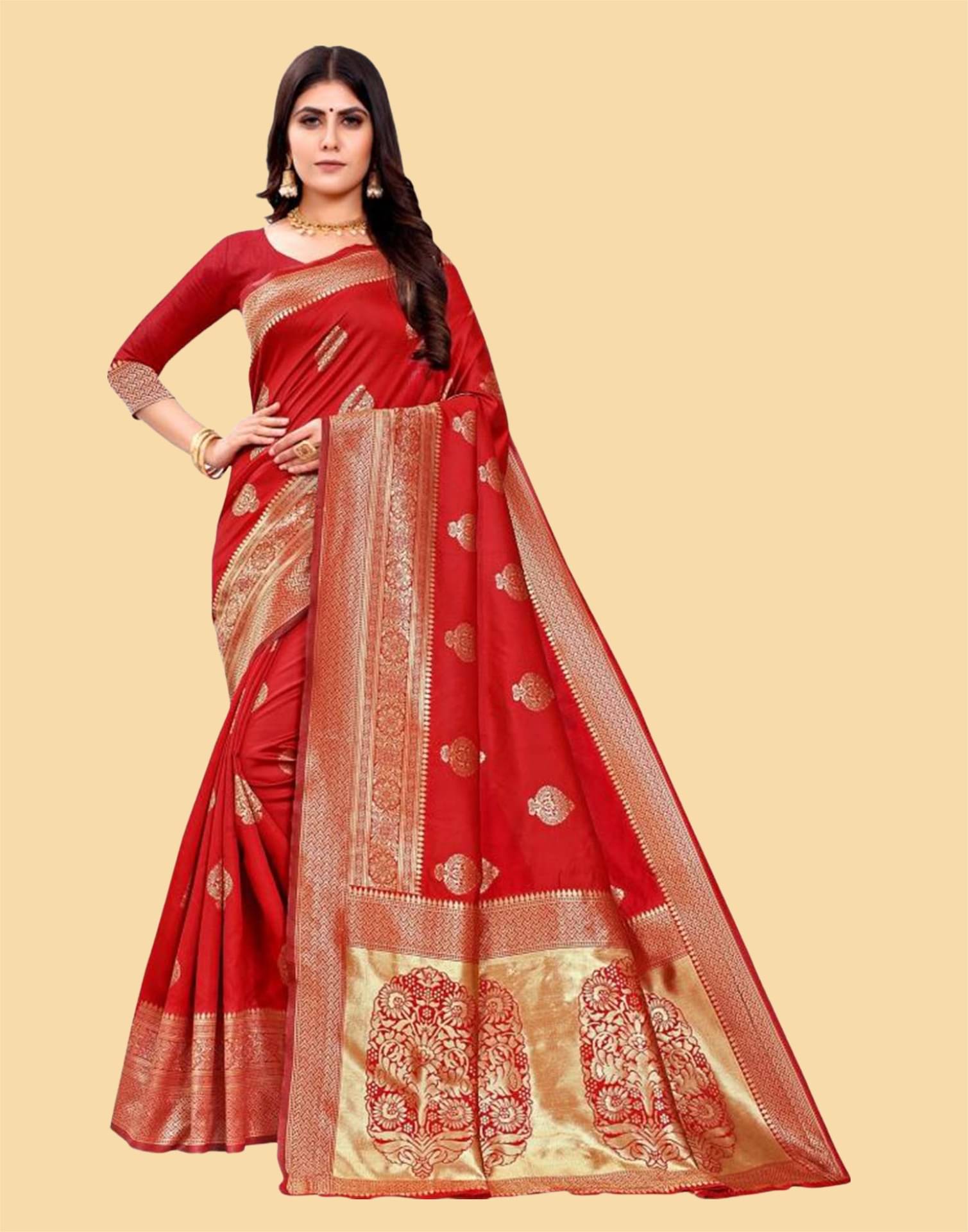     			Samah Art Silk Woven Saree With Unstitched Blouse Piece ( Red )